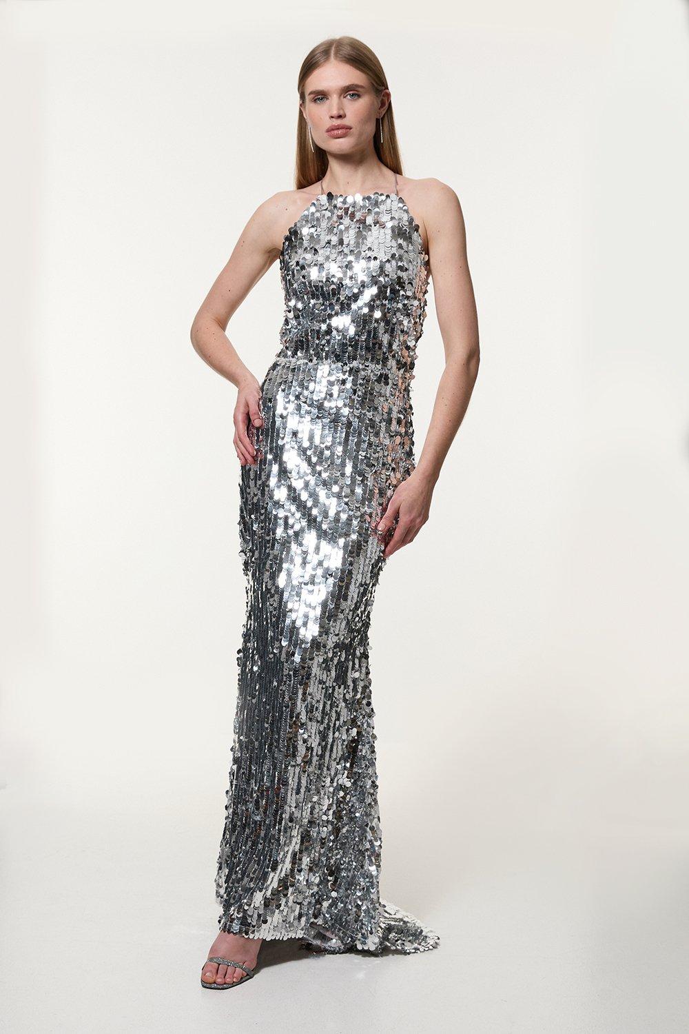 Sequin Fishtail Halterneck Maxi - Silver