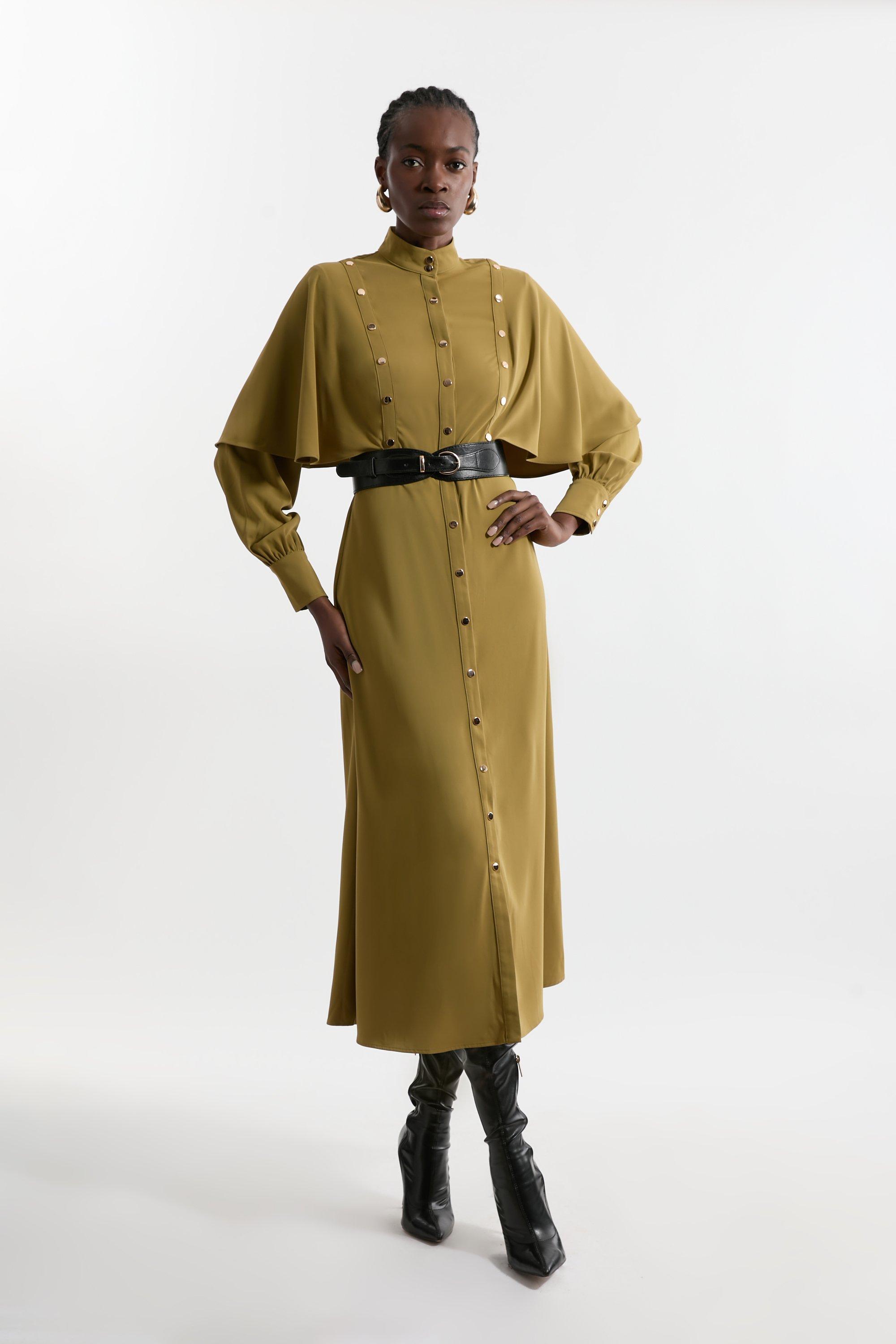 Studded Crepe Cape Sleeve Woven Maxi Dress - Khaki/Green