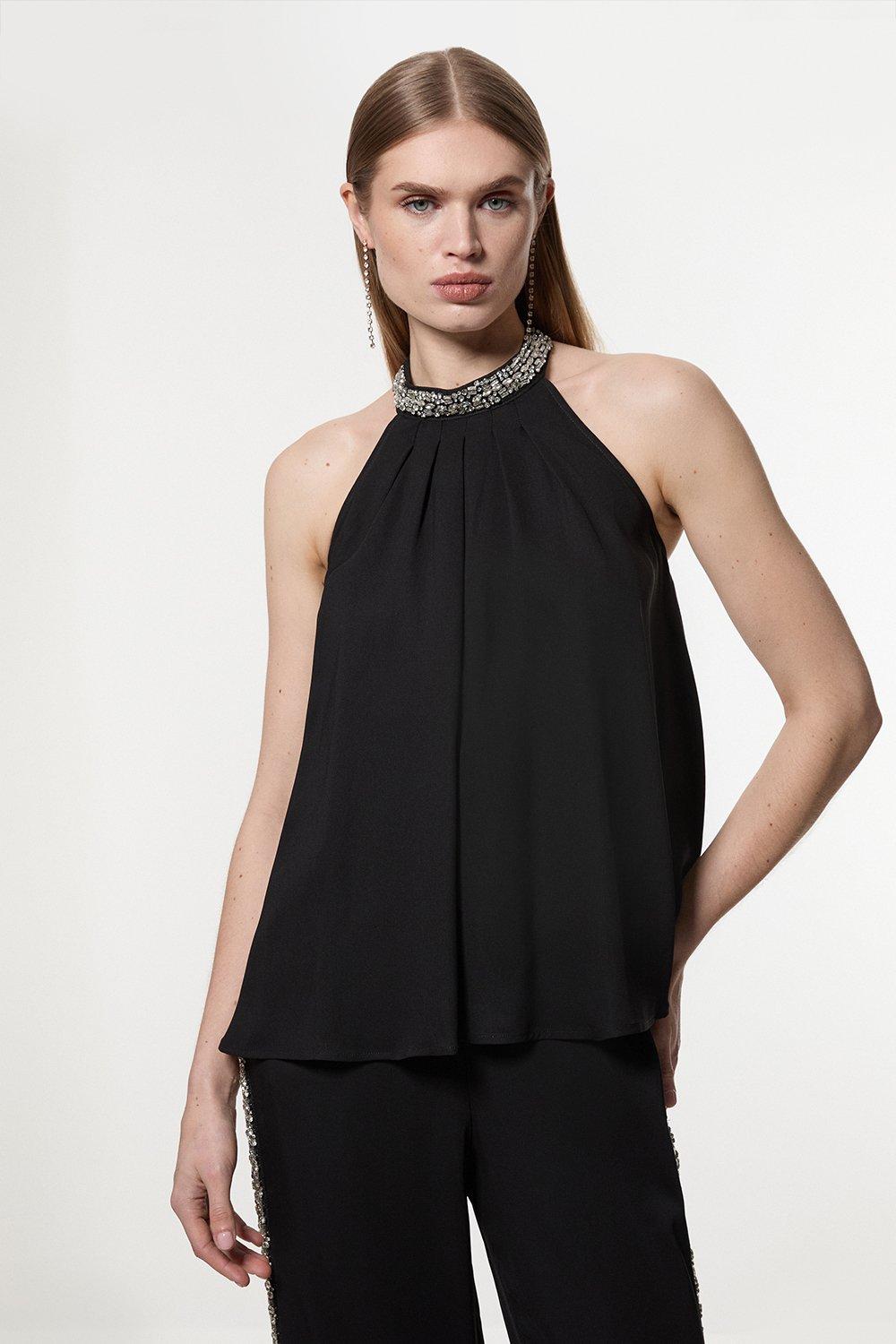 Hand Embellished Cady Halter Neck Blouse - Black