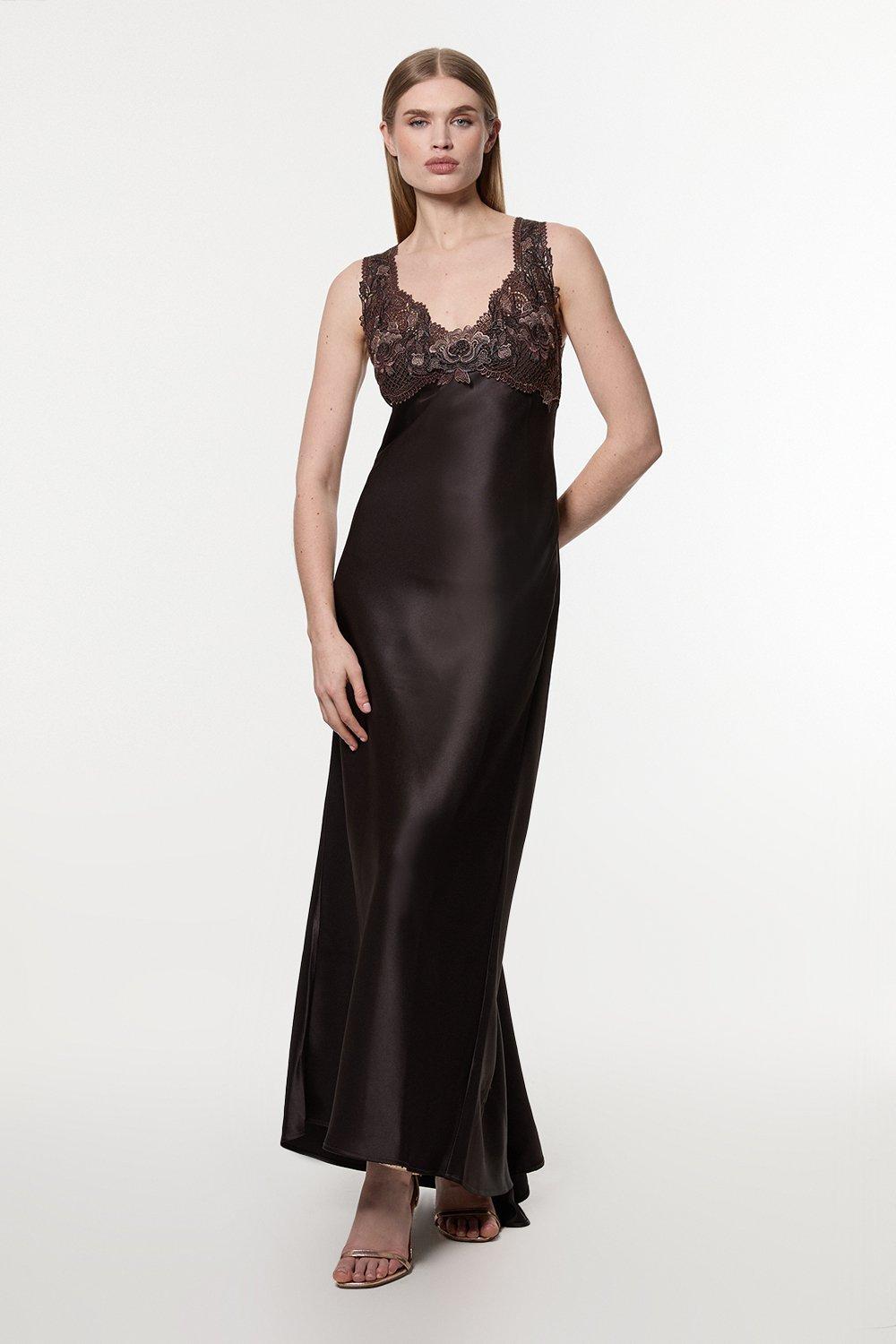 Satin Guipure Lace Woven Maxi Slip Dress – Brown