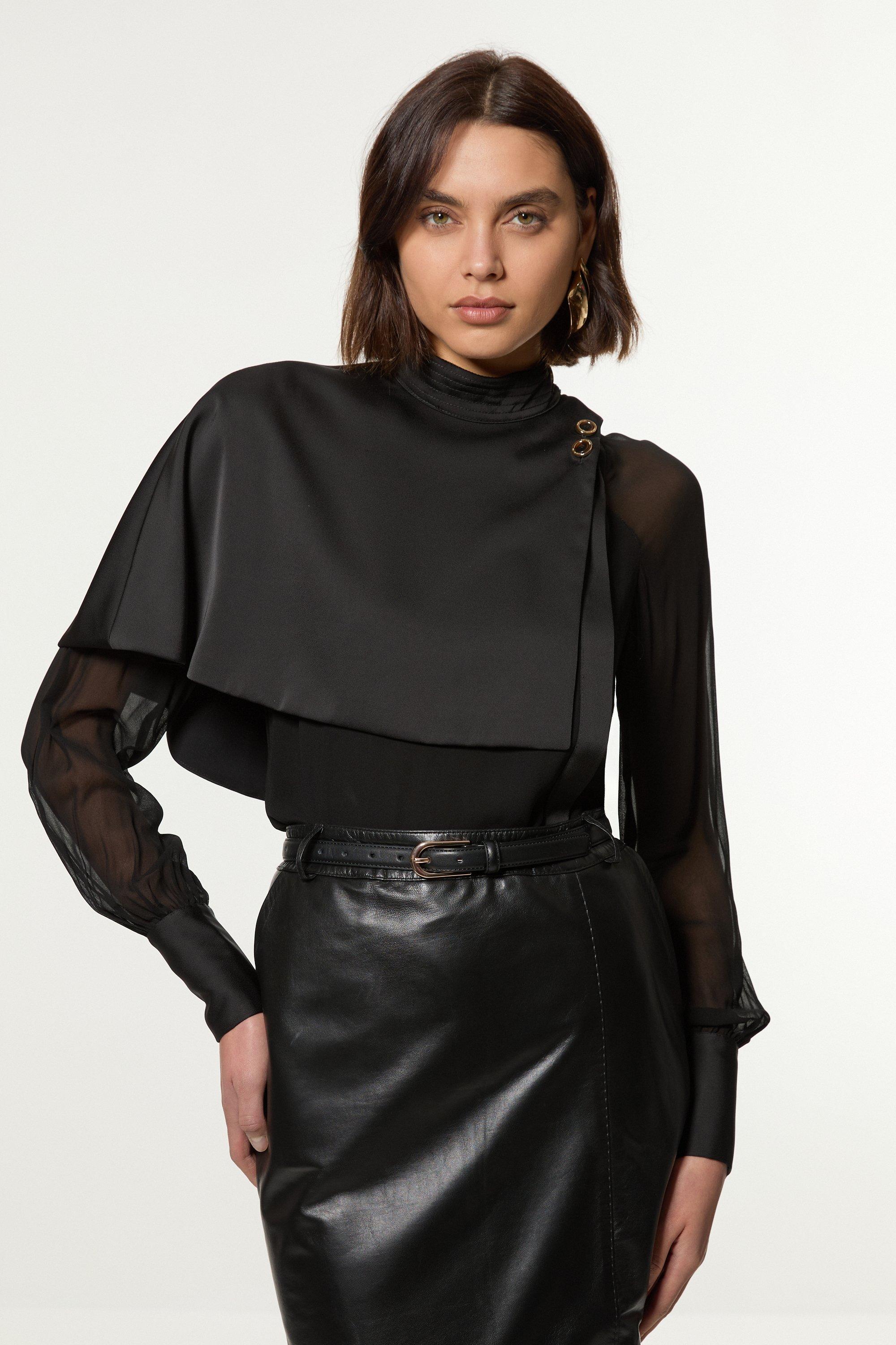 Tall Military Sheer Satin Cape Detail Woven Top - Black