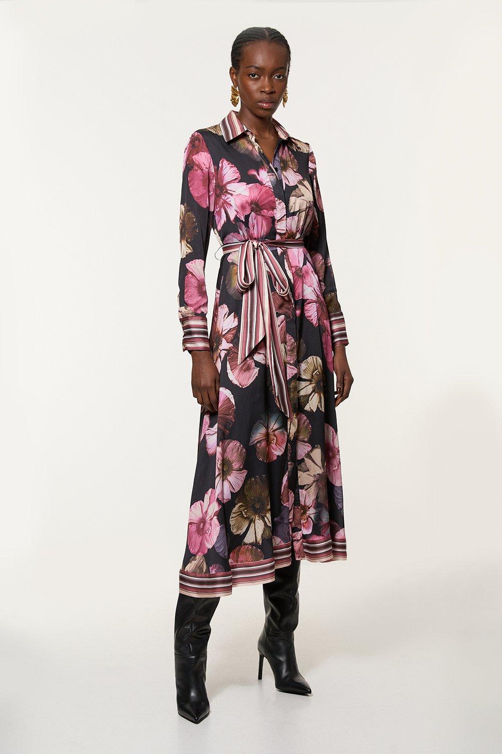 Floral Border Print Woven Belted Midaxi Dress - Black