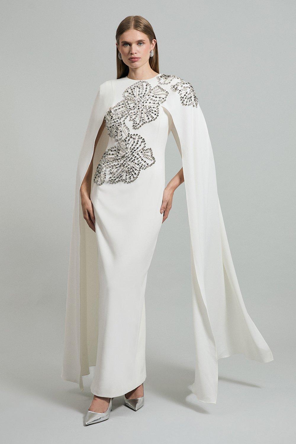 Petite Placed Floral Crystal Embellished Tailored Drama Cape Maxi Dress - Ivory