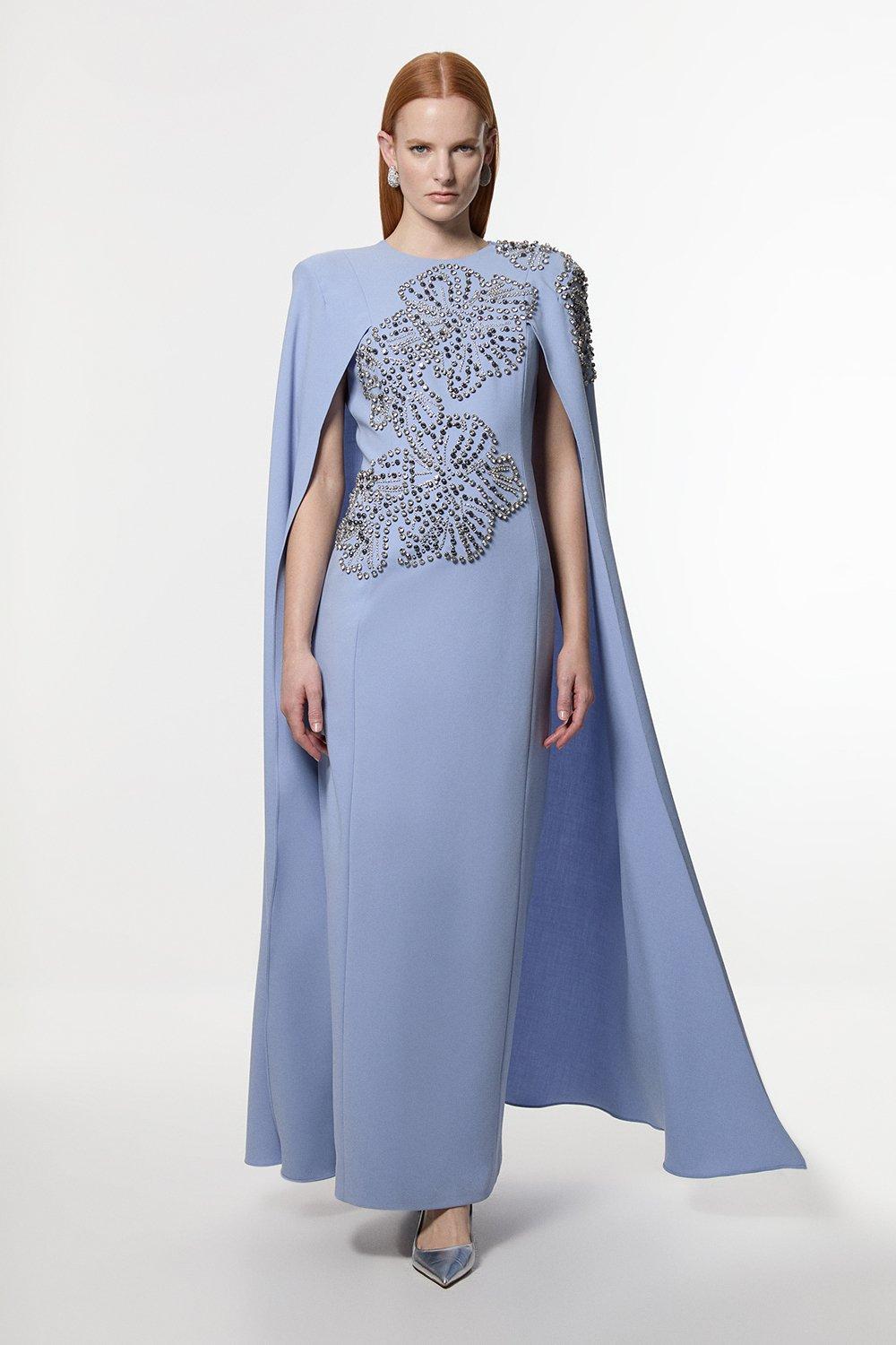 Petite Placed Floral Crystal Embellished Tailored Drama Cape Maxi Dress - Pale Blue