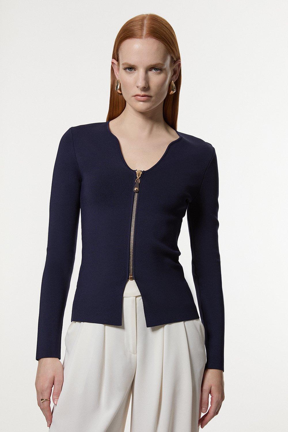 Zip Up Full Needle Knitted Top - Navy