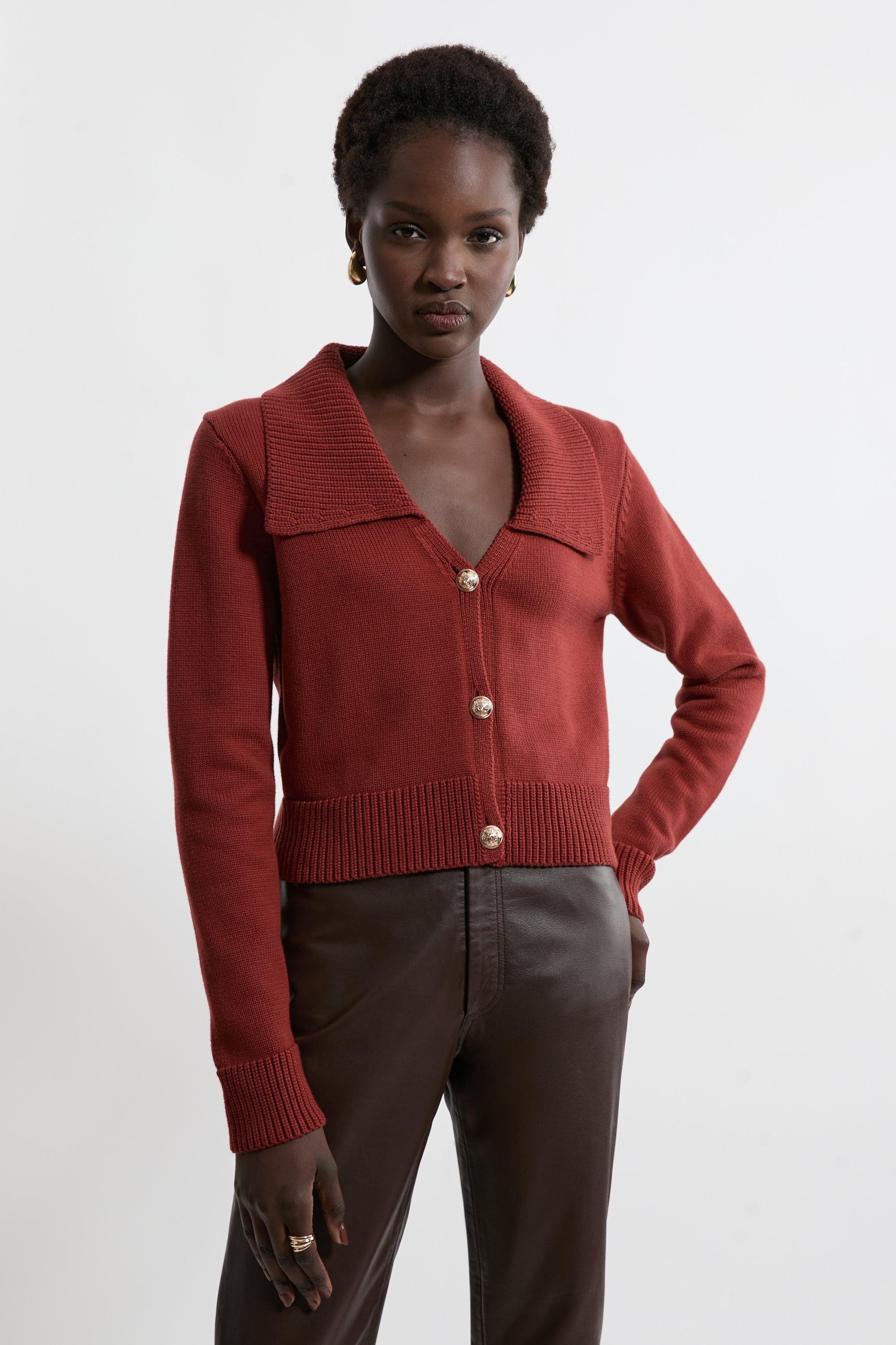 Cotton Collared Knitted Cardigan - Tan