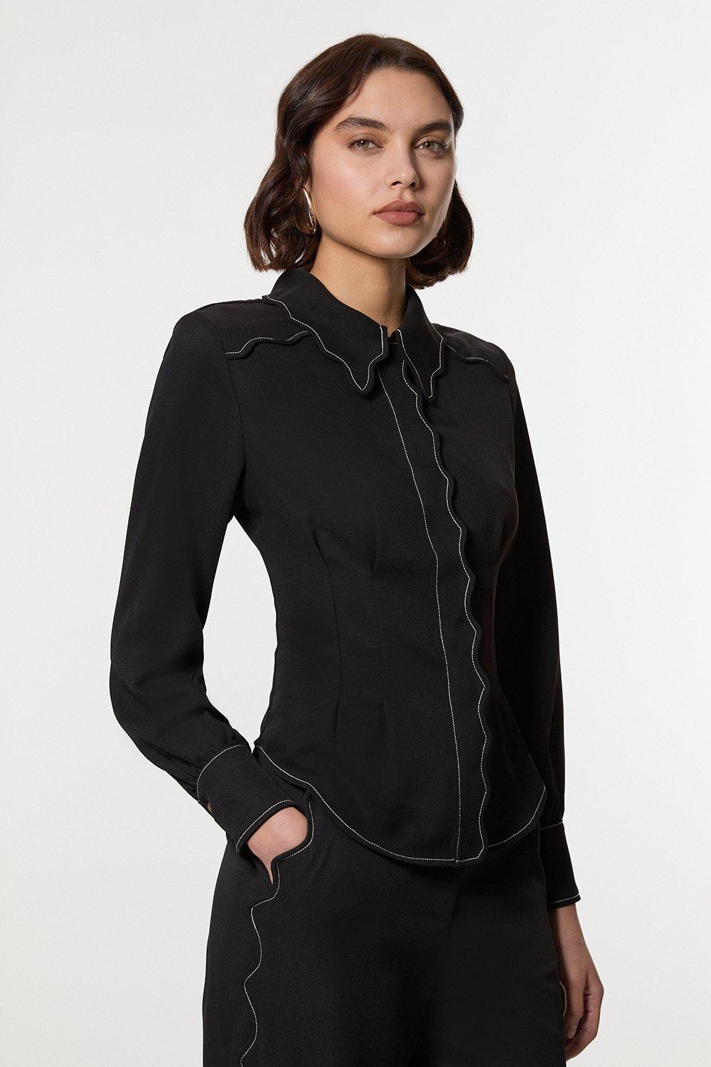 Scallop Trim Woven Crepe Blouse - Black