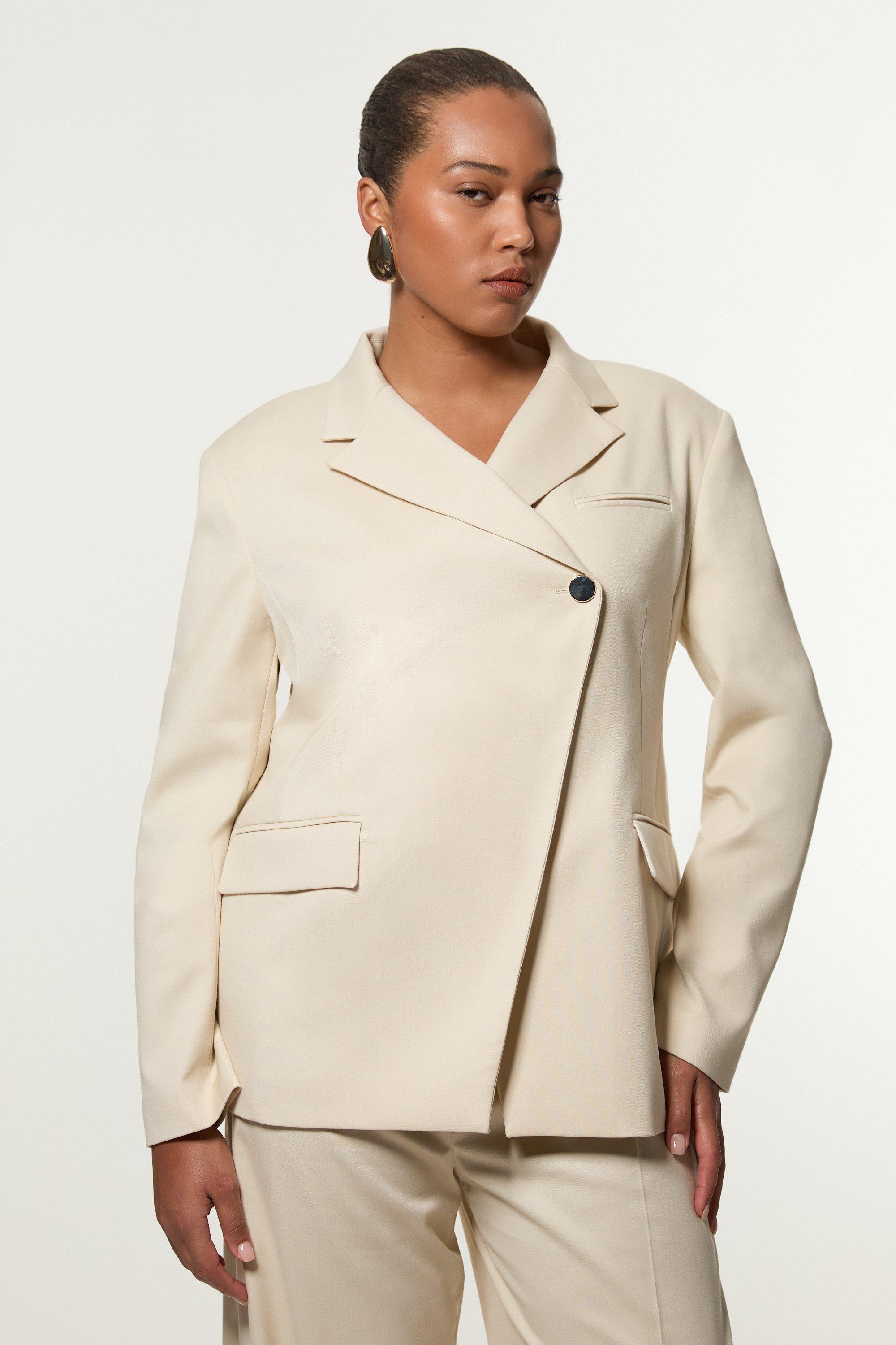 Plus Size Soft Structured Asymmetric Tailored Single Breasted Blazer - Neutral