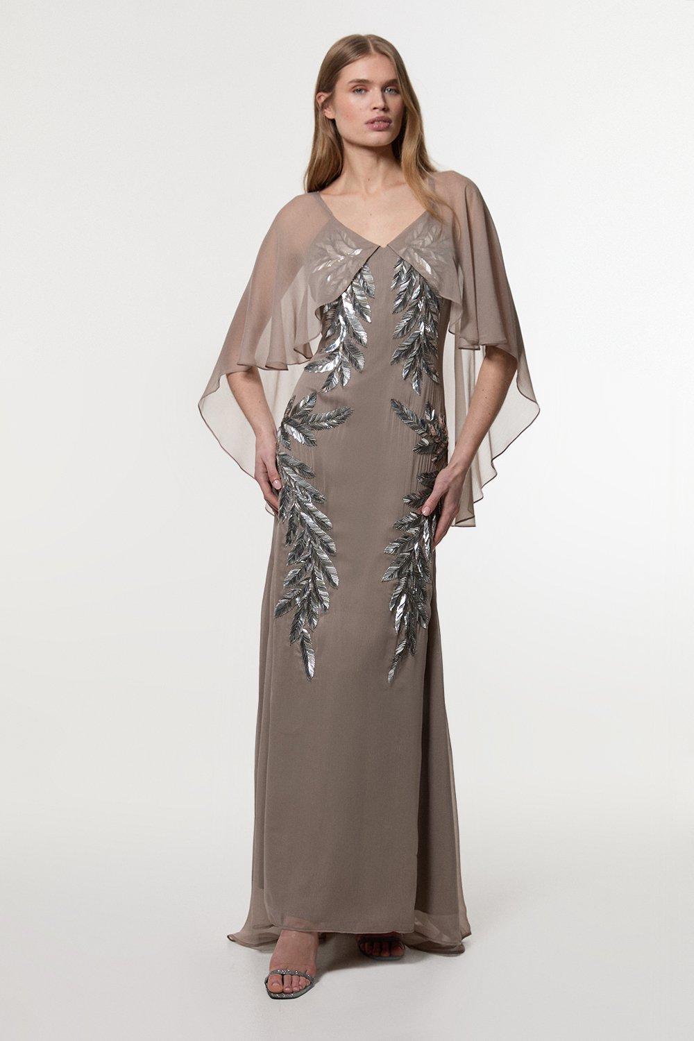 Feather Embellished Woven Cape Sleeve Maxi Dress - Taupe