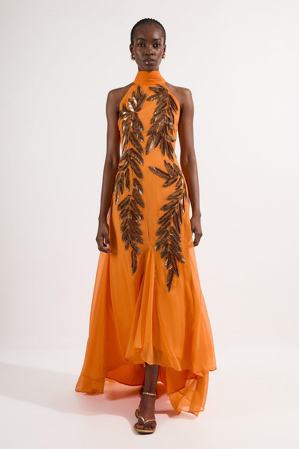 Petite Halter Neck Feather Sequin Detail Woven Maxi Dress – Orange