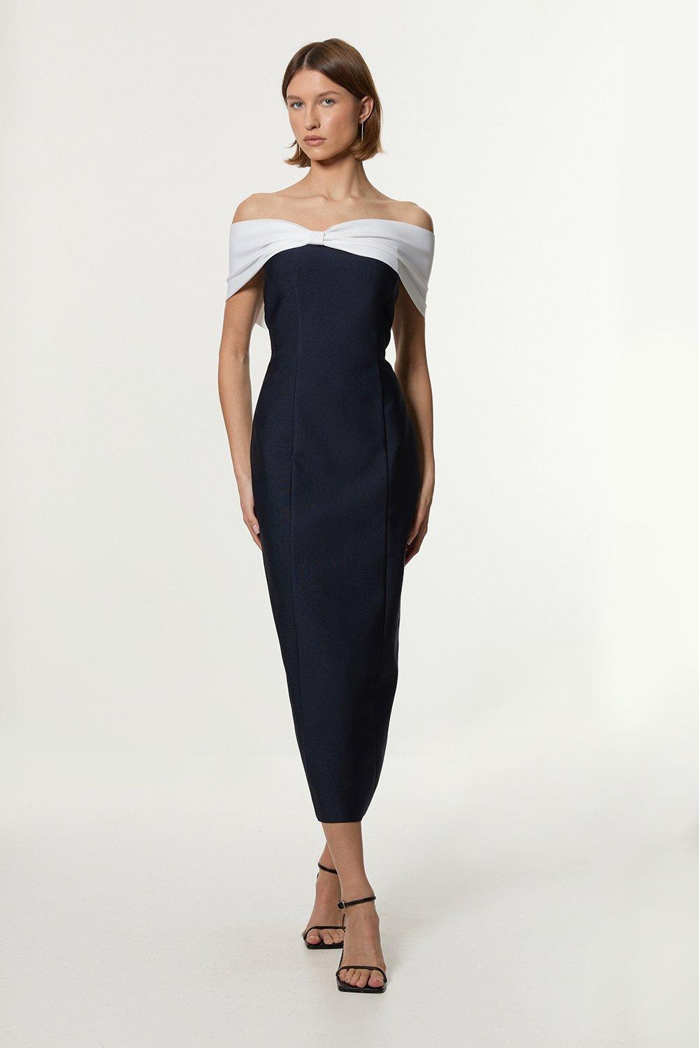 Petite Bandage Bandeau Contrast Midi Dress - Navy