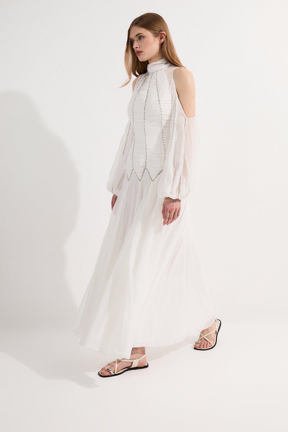 Tall High Neck Embellished Ruched Georgette Woven Maxi Dress - Ivory