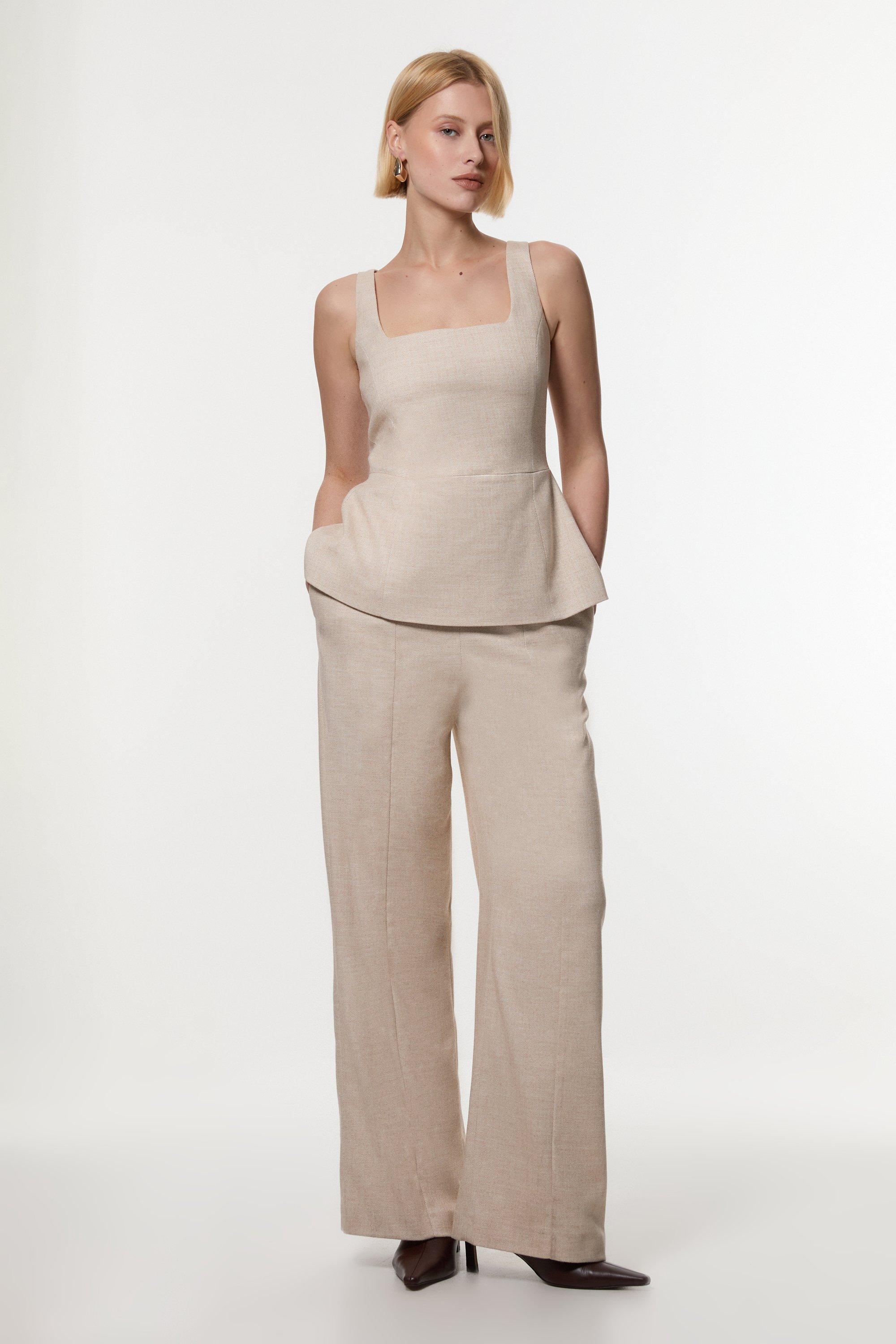 Herringbone Wide Leg Tailored Jumpsuit - Natural