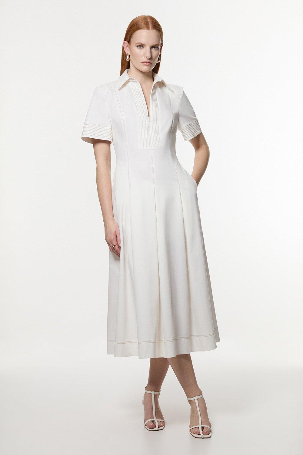 Tailored Denim Full Skirted Midi Shirt Dress - Ivory