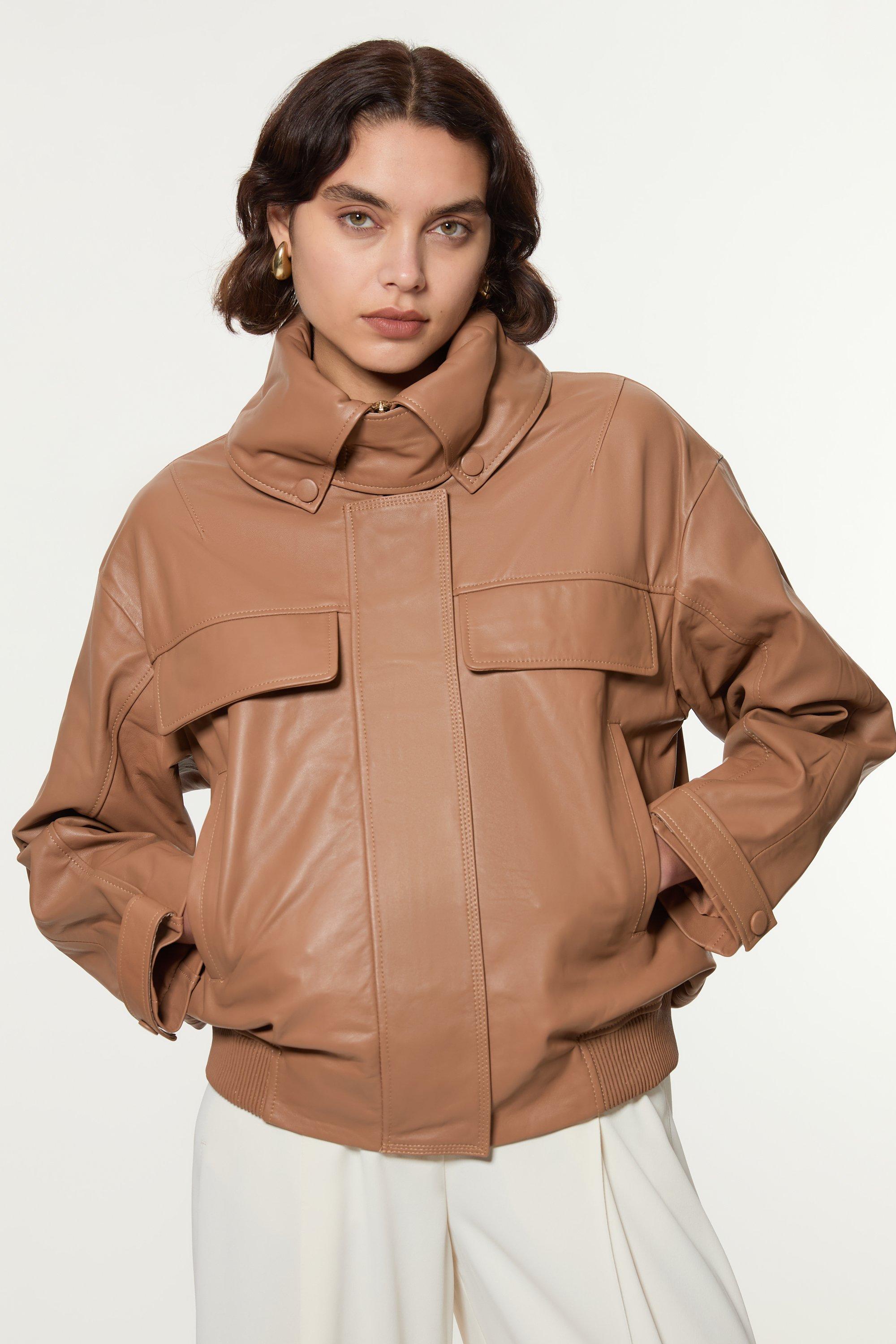 Leather High Neck Blouson Bomber Jacket - Camel