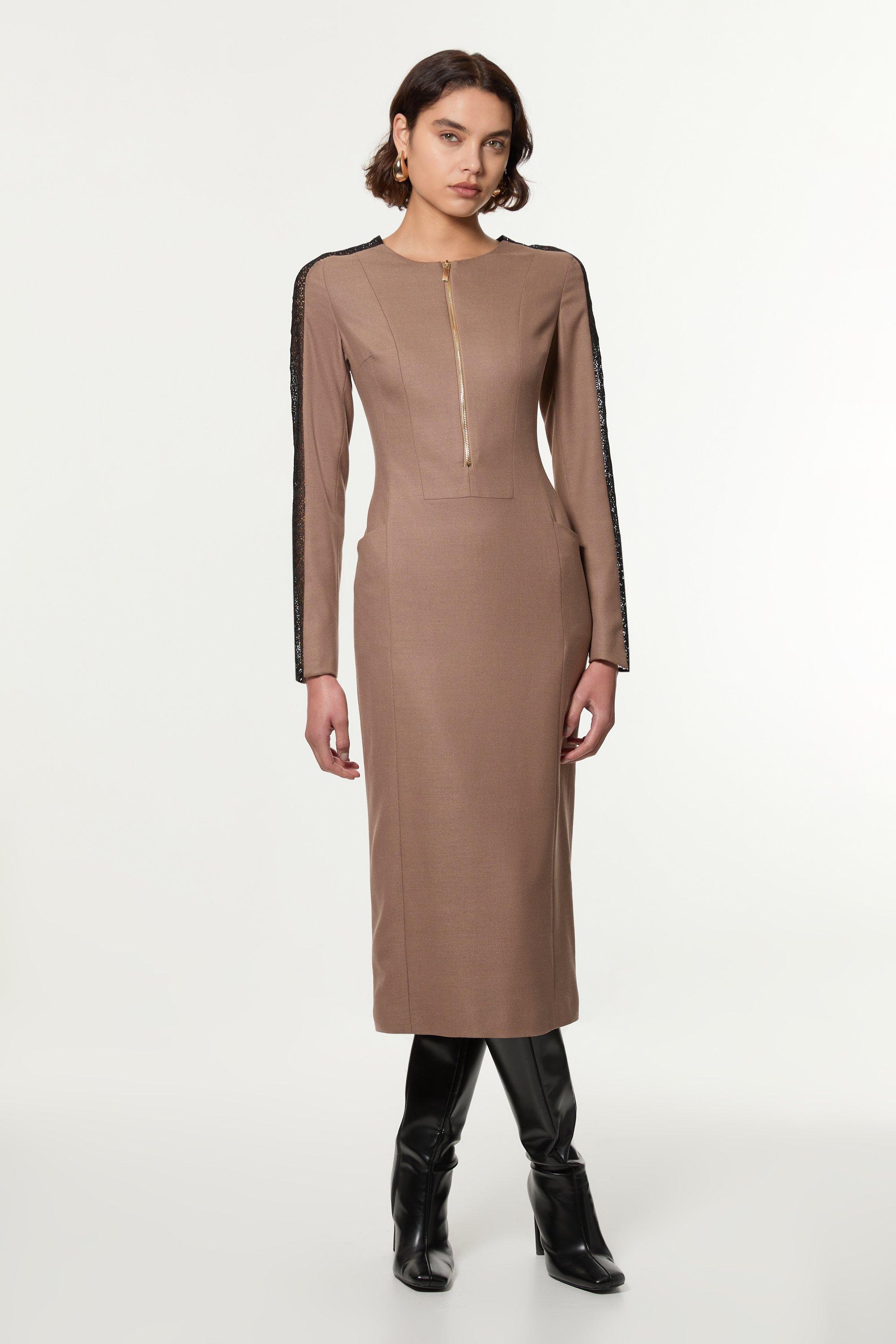 Tall Tailored Twill Lace Mix Zip Front Midi Dress - Taupe