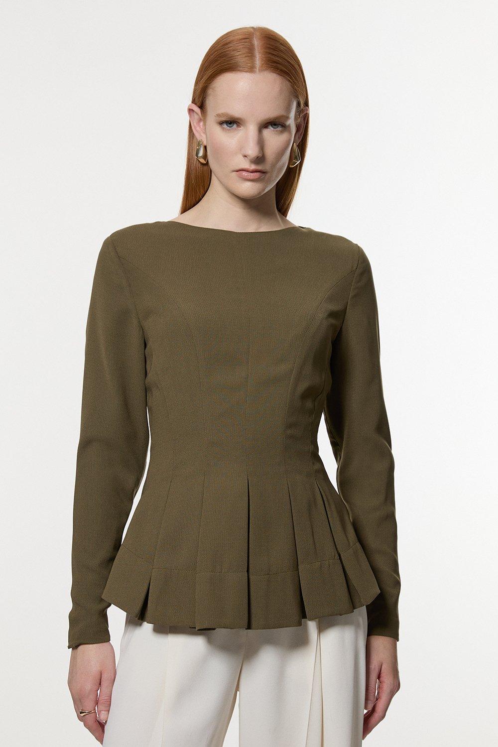 Pleated Long Sleeve Open Back Detail Woven Blouse - Olive