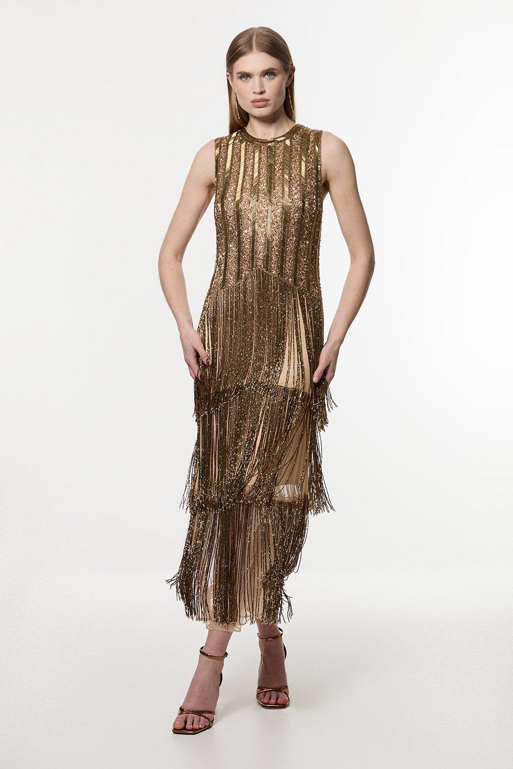 Petite Embellished And Beaded Layered Fringing Woven Midi Dress – Gold