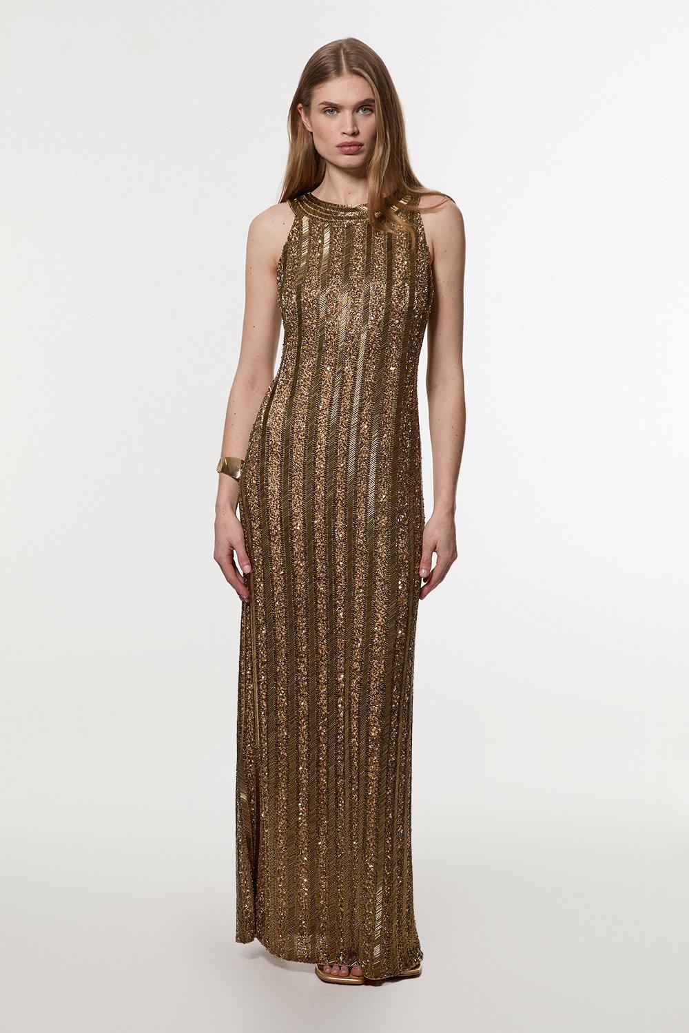 Embellished And Beaded Woven Column Midi Dress – Gold