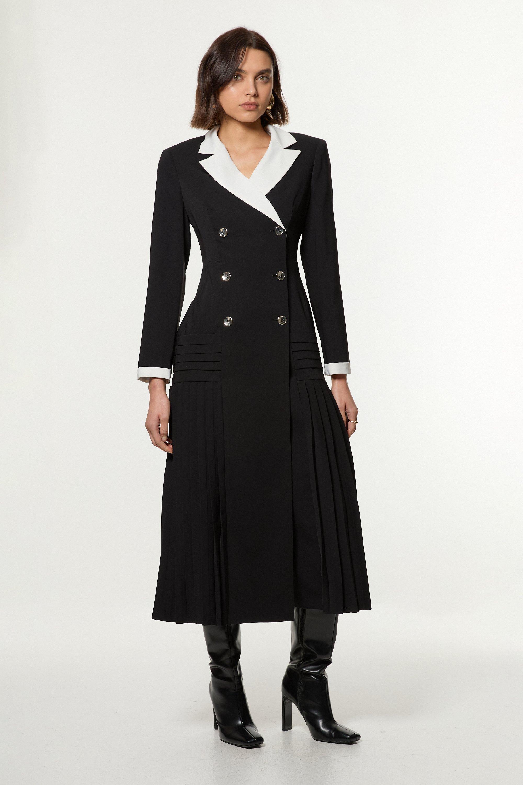 Long Sleeve Contrast Collar Pleated Button Detailed Woven Midi Dress - Mono