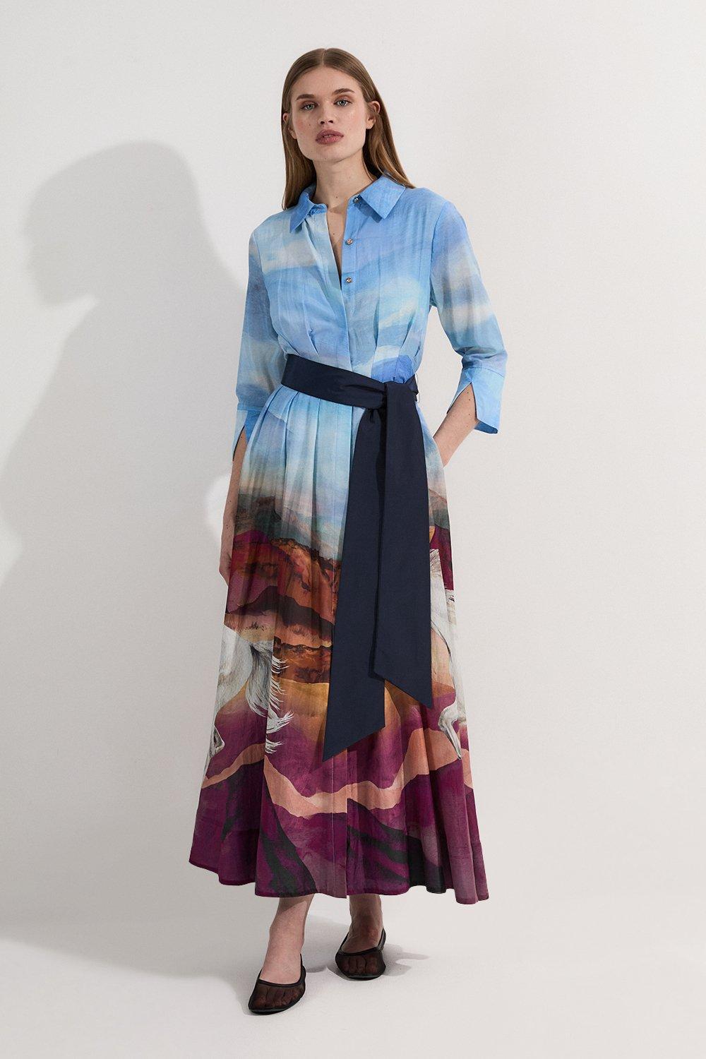 Silk Cotton Stallion Print Woven Belted Maxi Shirt Dress - Blue