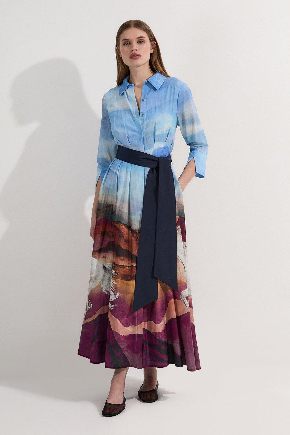 Petite Silk Cotton Stallion Print Woven Belted Maxi Shirt Dress - Blue
