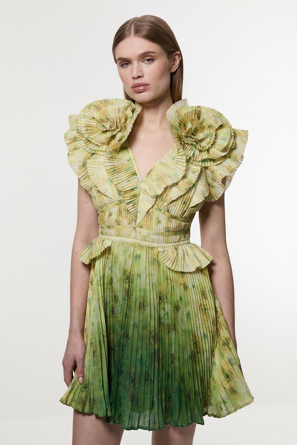 Tall Crinkle Pleat Border Print Mini Dress With Rosette Detail - Floral
