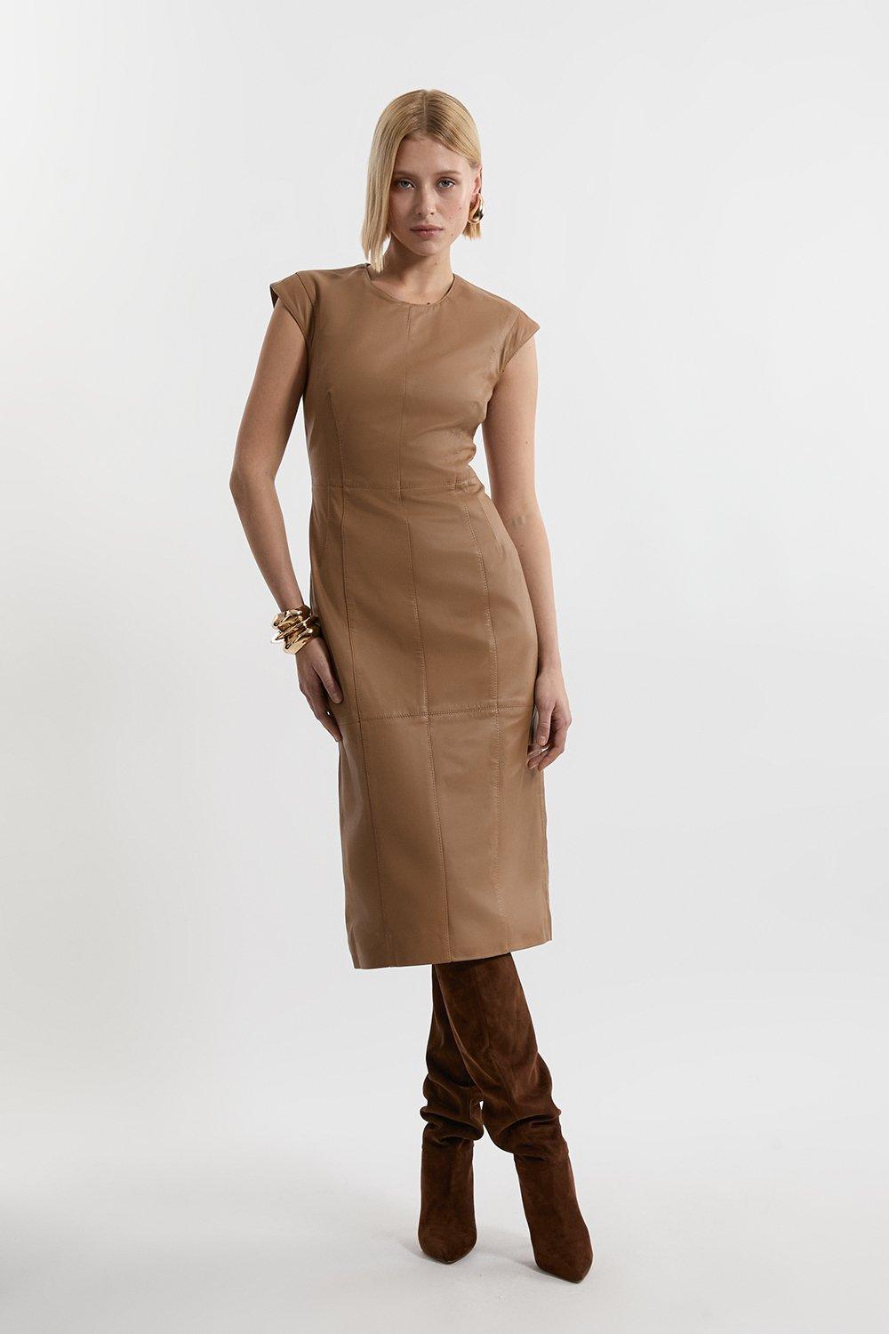 Leather Seam Detail Tailored Pencil Midi Dress - Camel