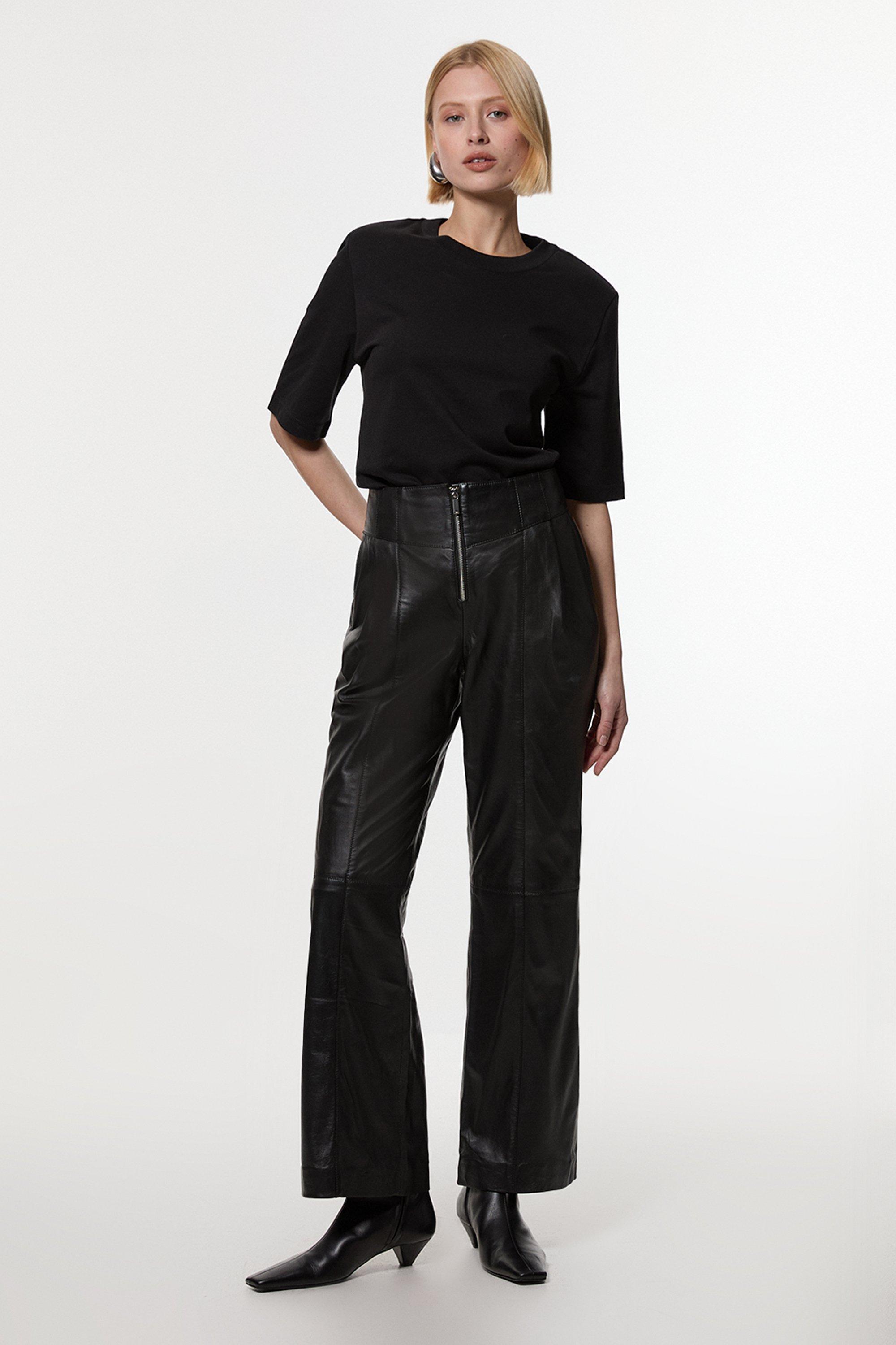 Leather Zip Detail High Waist Trousers - Black