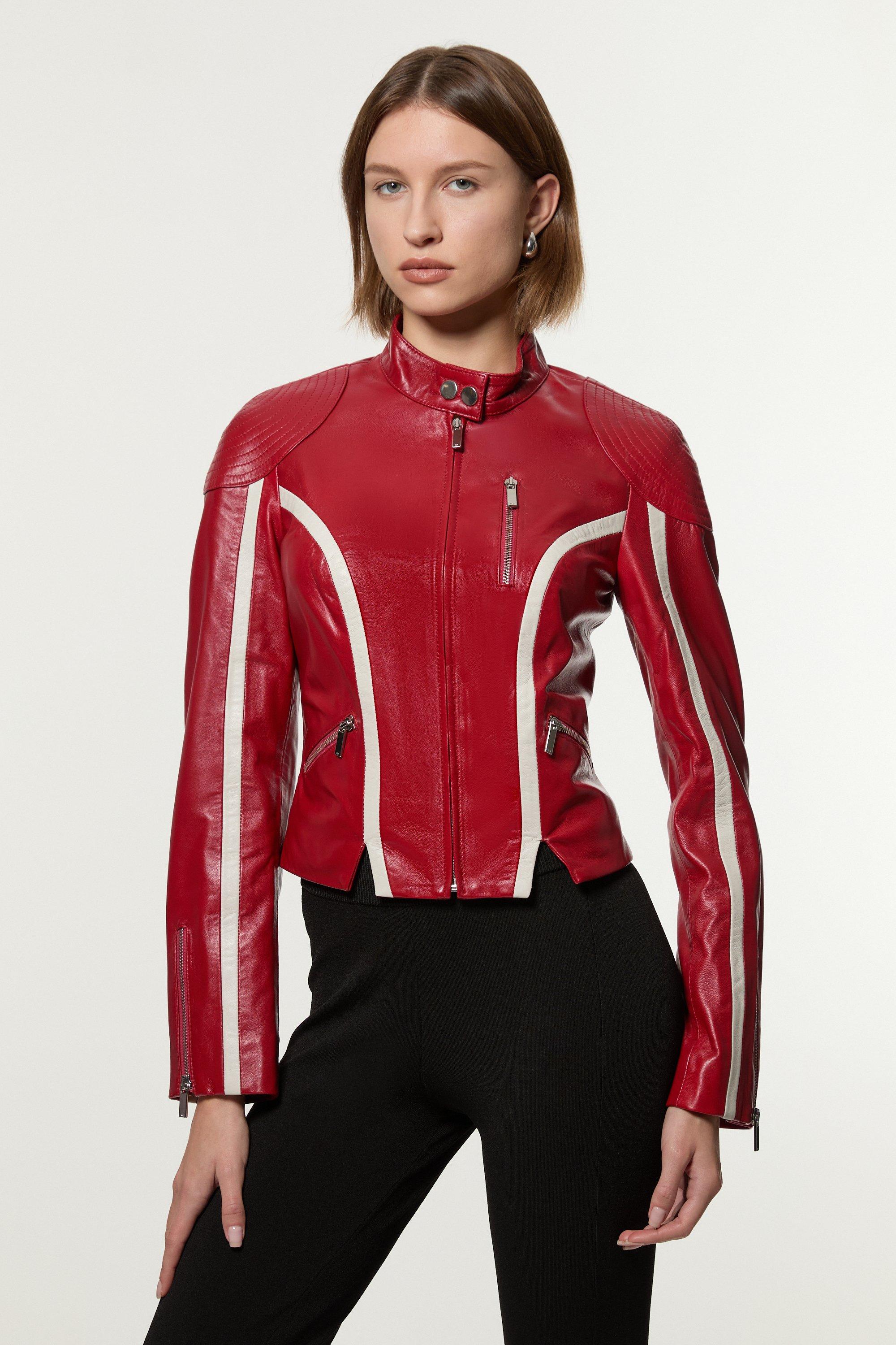 Leather Colourblock High Collar Motto Biker Jacket - Red