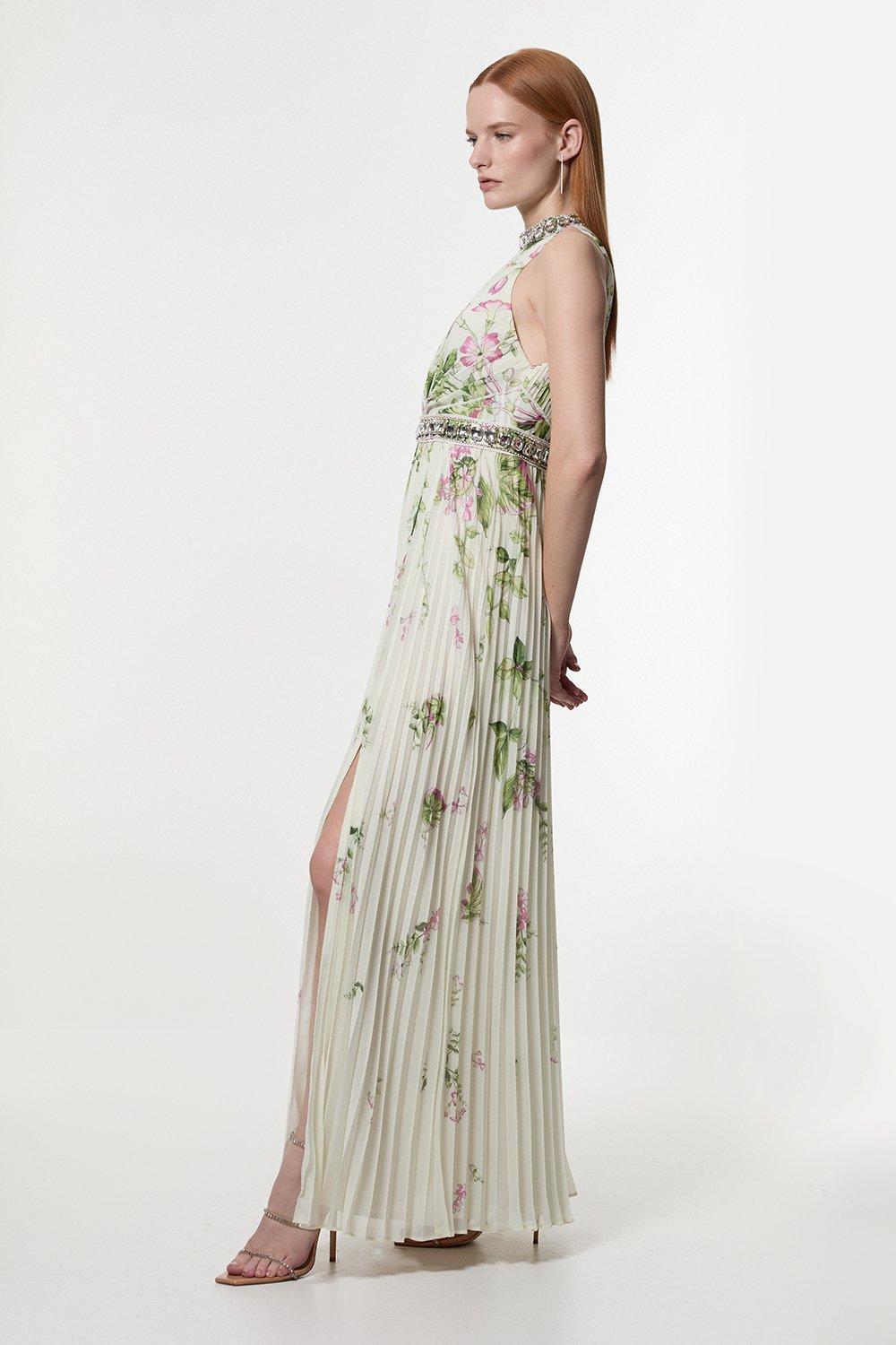 Petite Floral Halter Diamante Enamel Trim Woven Pleated Split Maxi Dress - Ivory