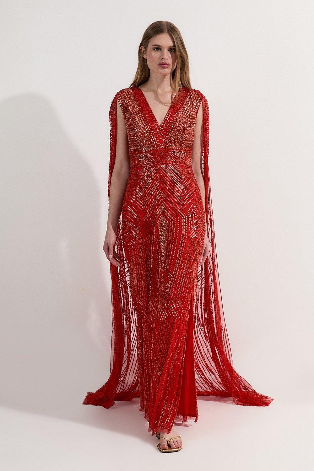 Premium Embellished Caped Maxi Dress - Red