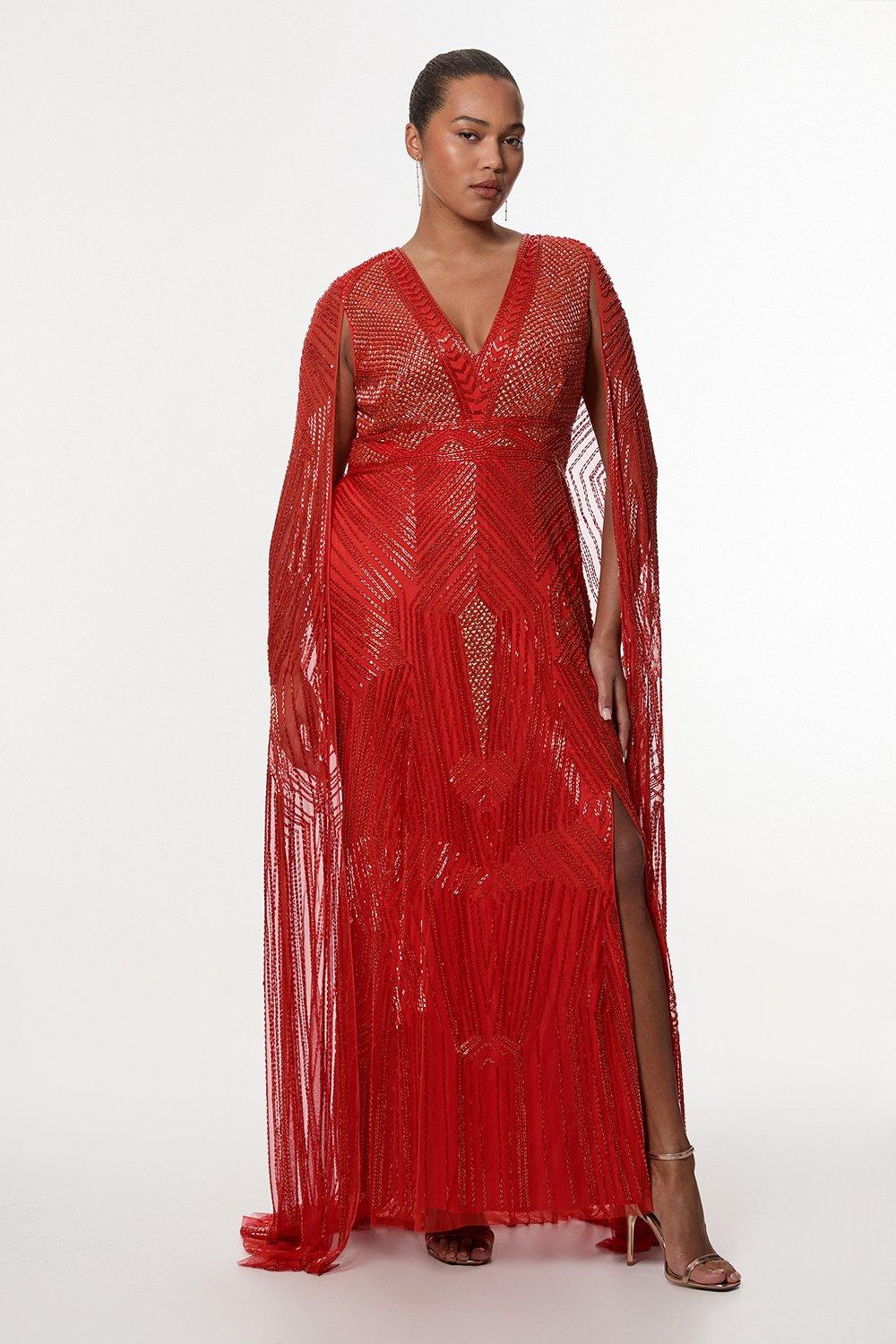 Plus Size Premium Embellished Caped Maxi Dress - Red