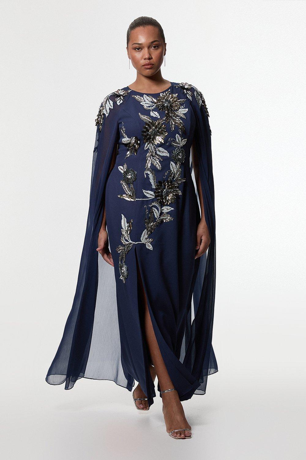Plus Size Floral 3D Embellished Drama Cape Sleeve Woven Maxi Dress - Navy