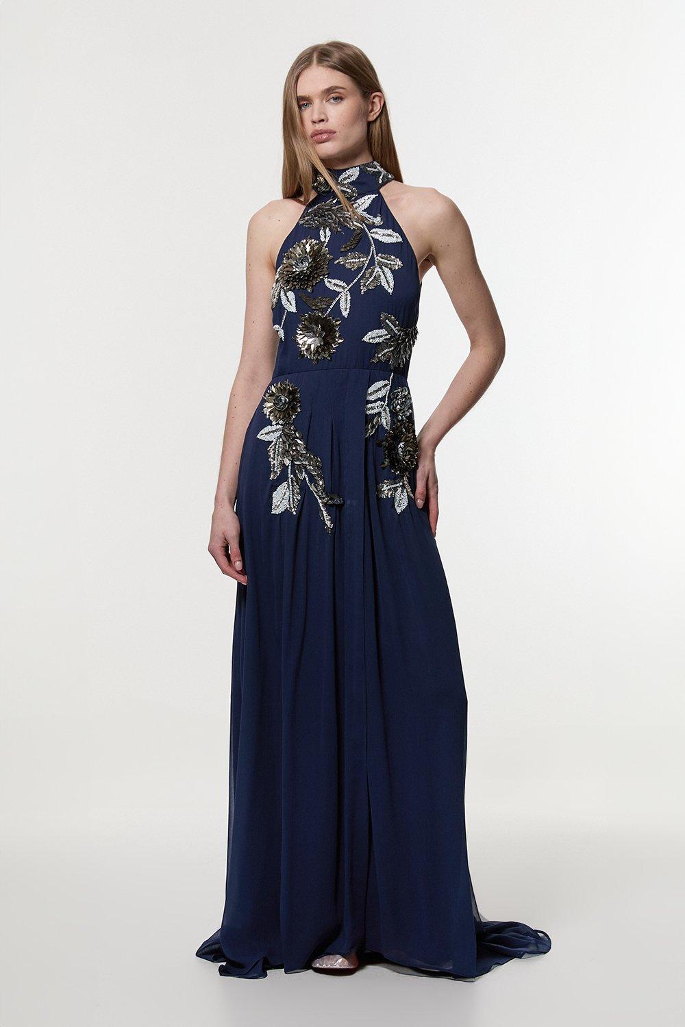 Floral 3D Embellished Halter Tie Neck Woven Maxi Dress - Navy