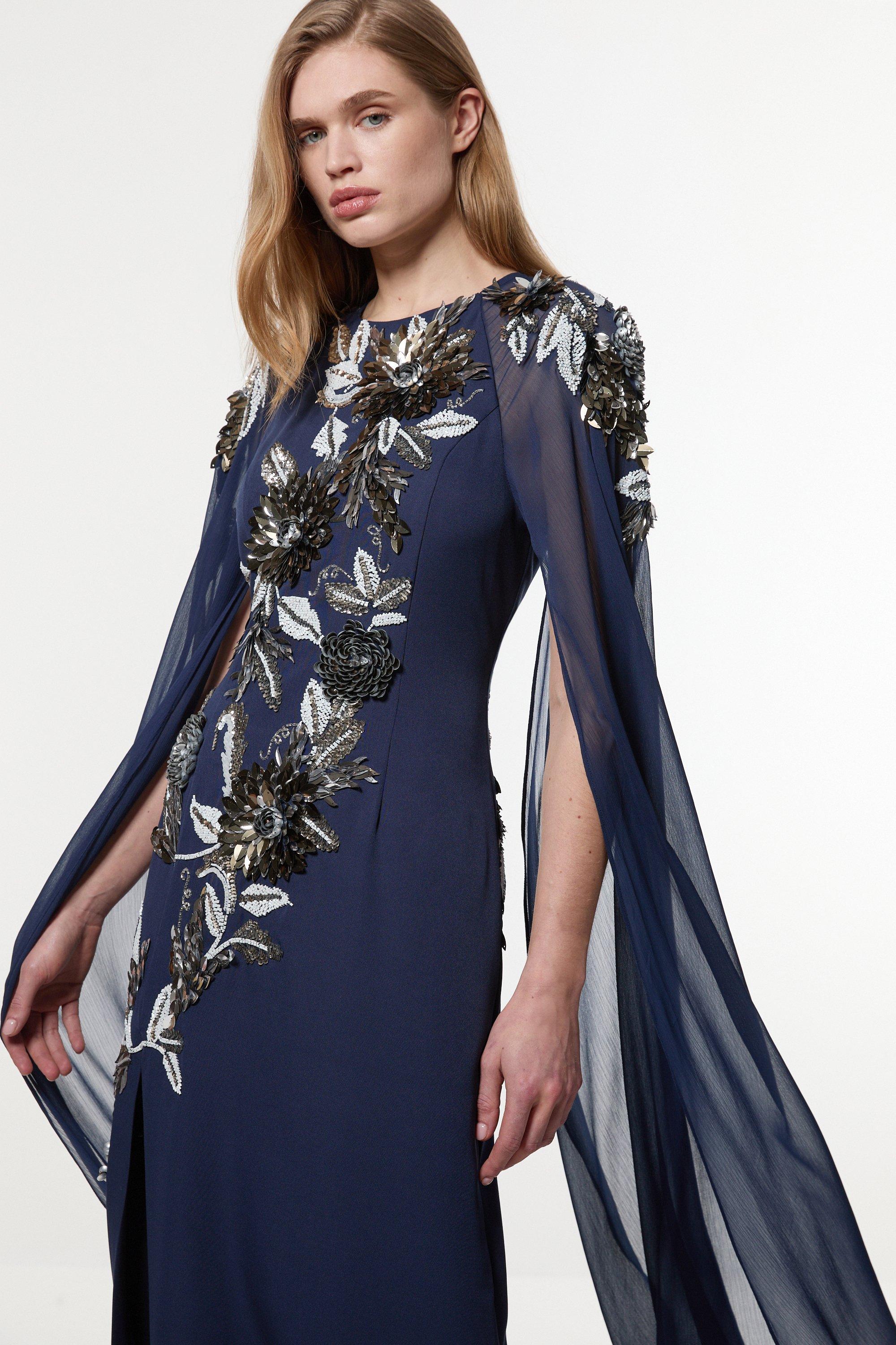 Floral 3D Embellished Drama Cape Sleeve Woven Maxi Dress - Navy