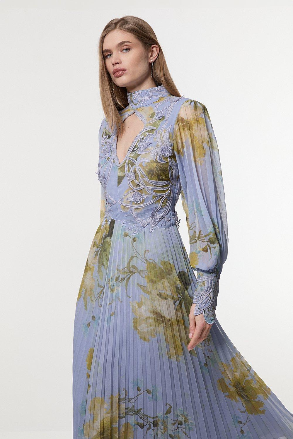 Floral Applique Lace Pleated Woven Maxi Dress - Blue
