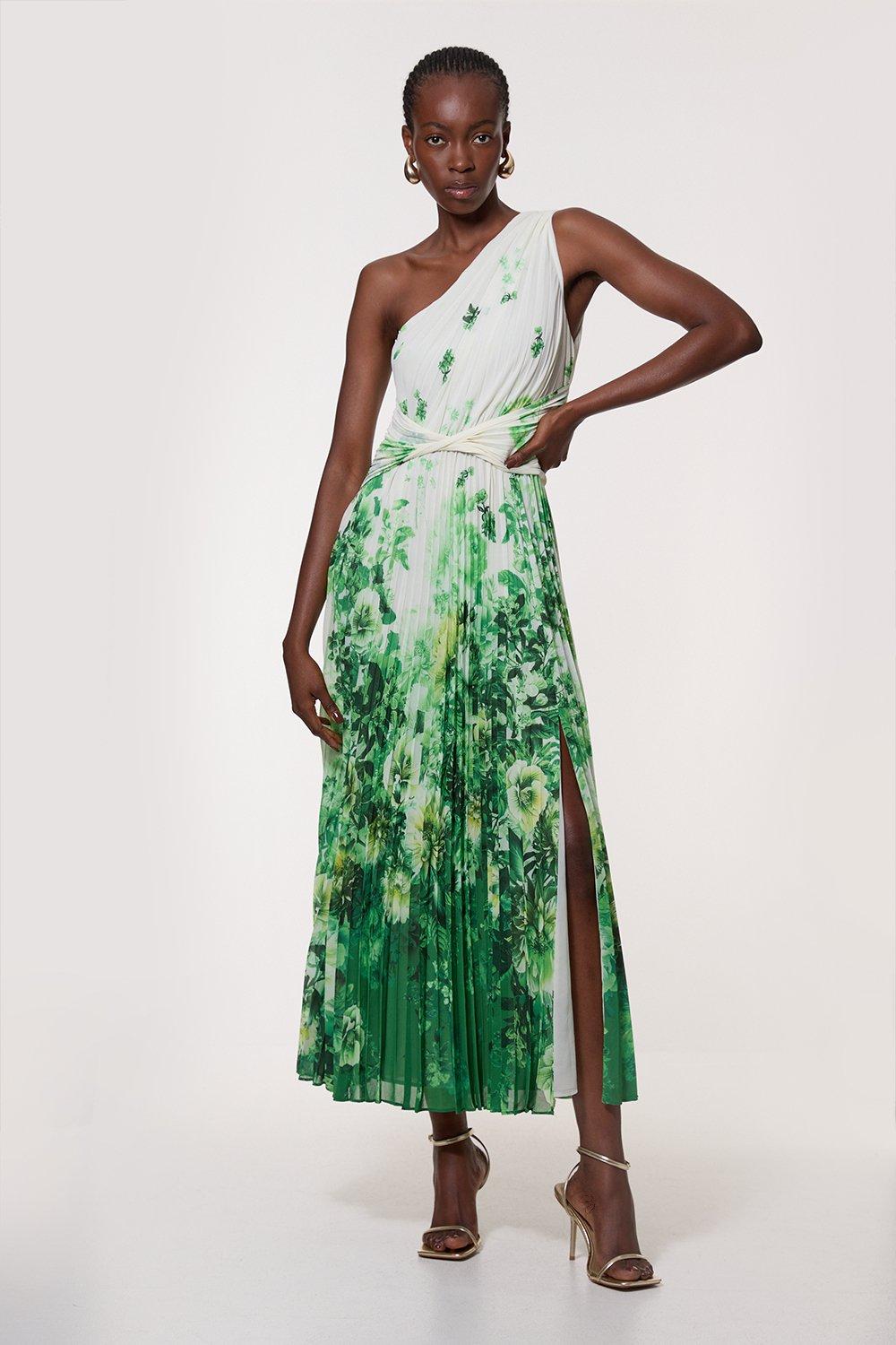 Ombre Floral Soft Pleated One Shoulder Woven Maxi Dress - Green