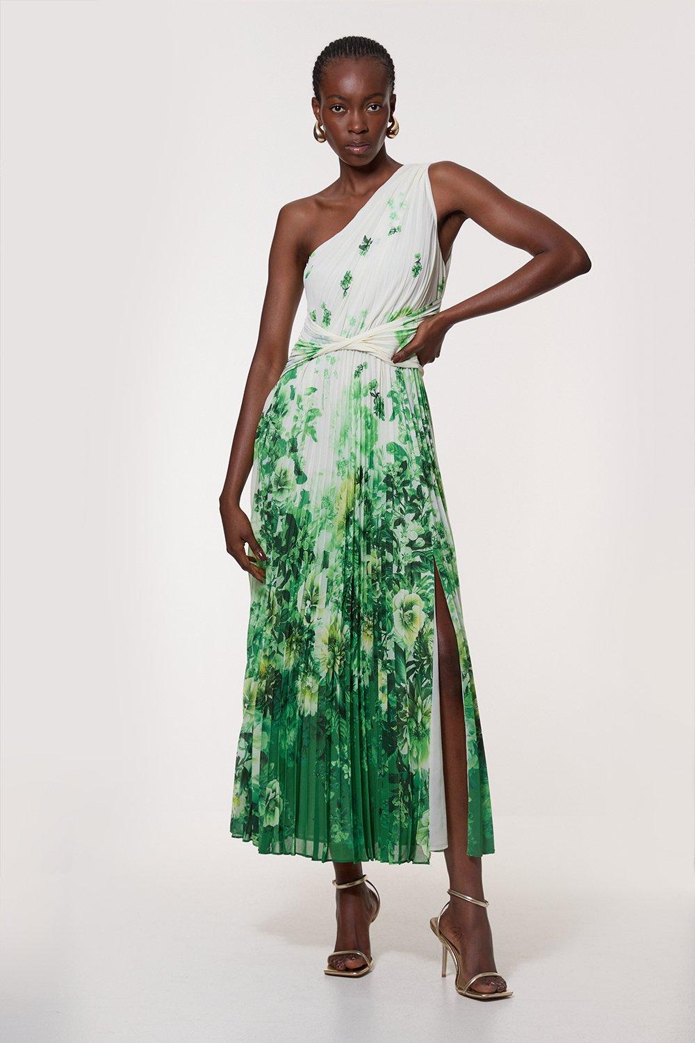 Tall Printed Pleated Yoryu Crinkle Woven Maxi Dress - Green