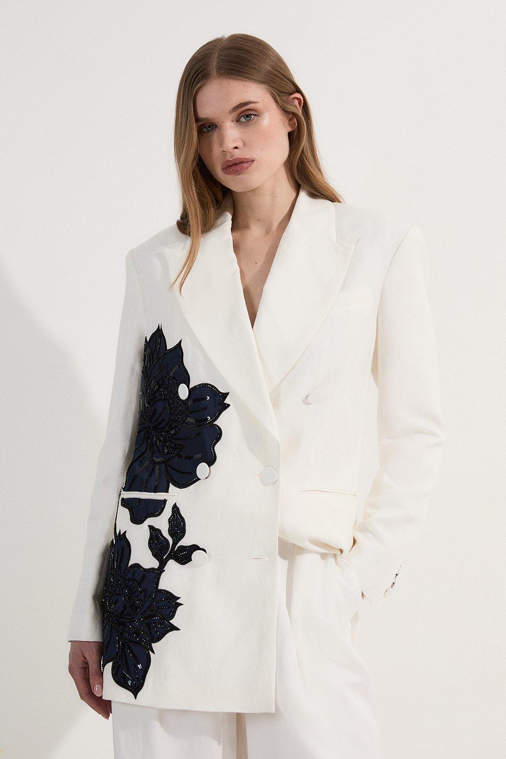 Premium Summer Embellished Applique Tailored Jacket – Navy