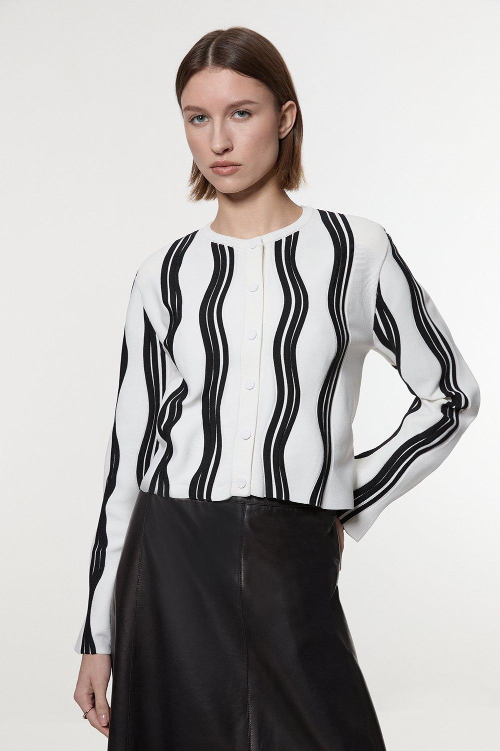 Contrast Wave Knit Jacket With Fringing - White