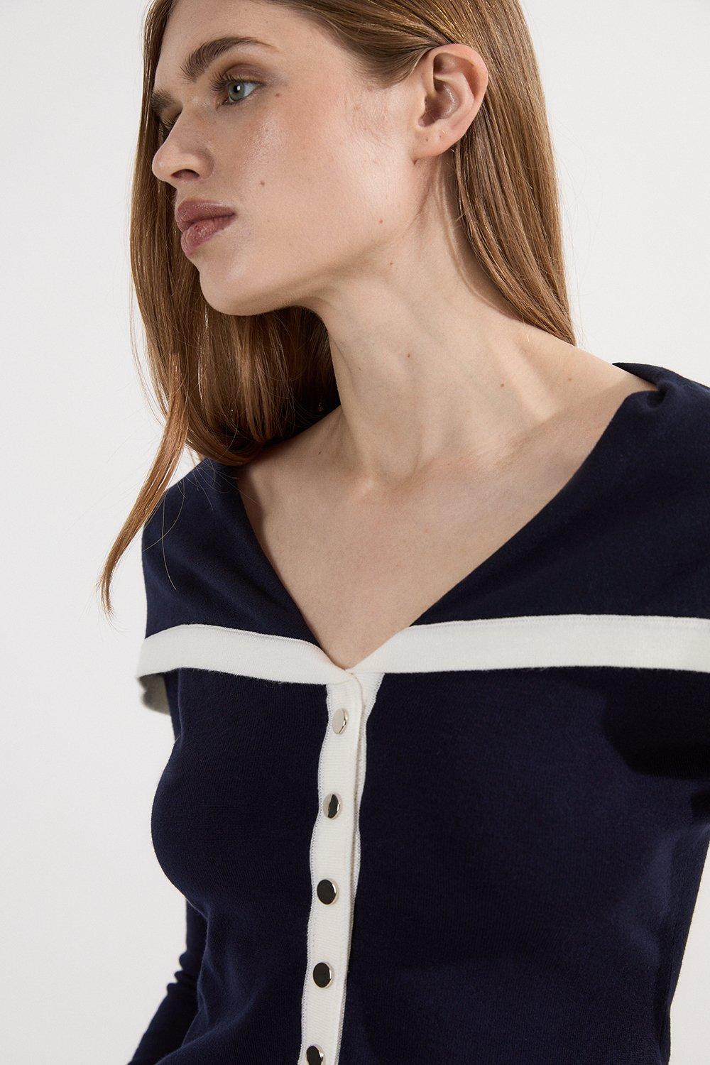 Archive Collection – Wide Collar Knitted Cardi Top – Navy