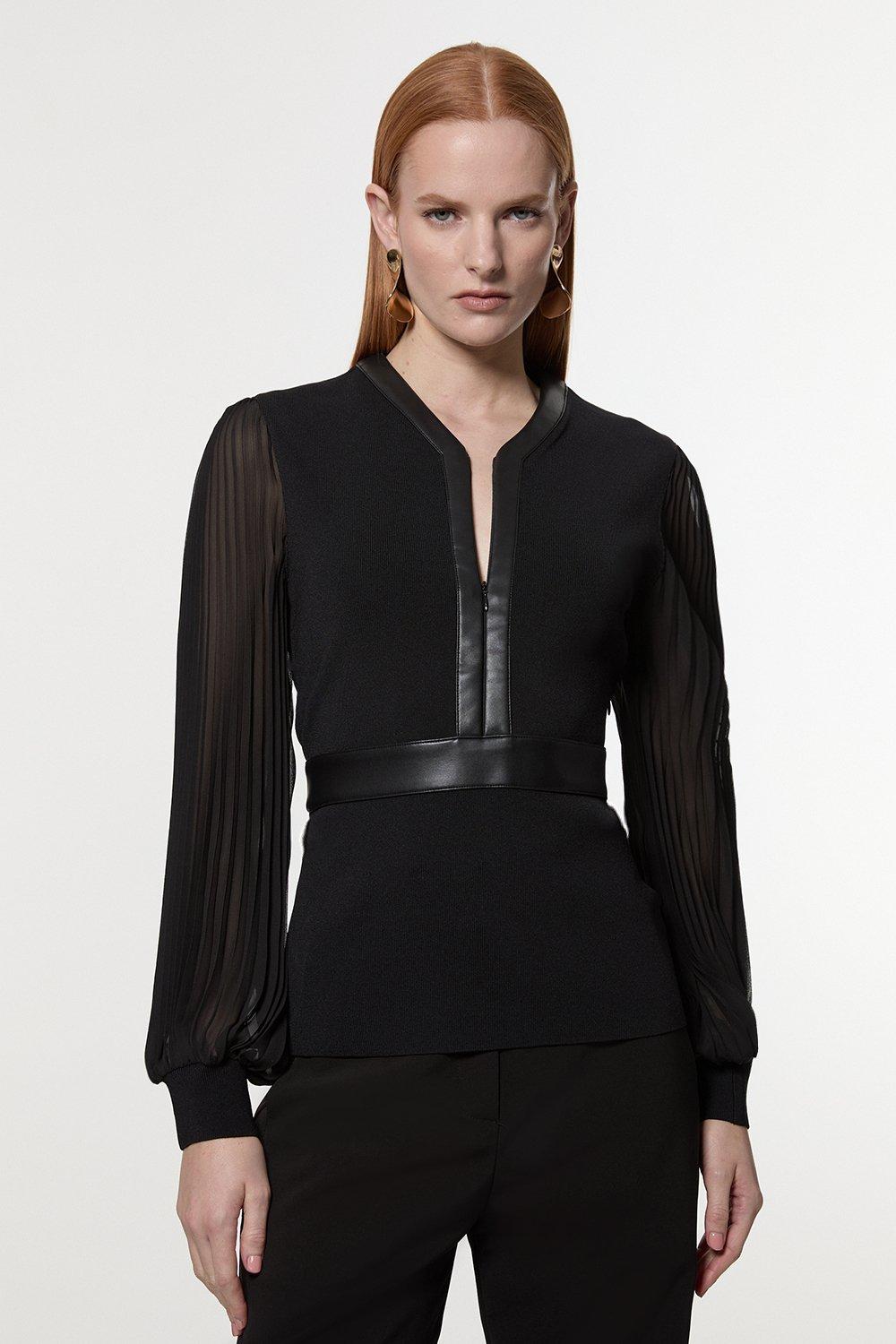 Woven Sleeved Pleated Top With Pu – Black
