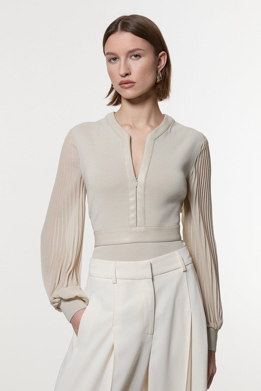 Woven Sleeved Pleated Top With Pu – Grey