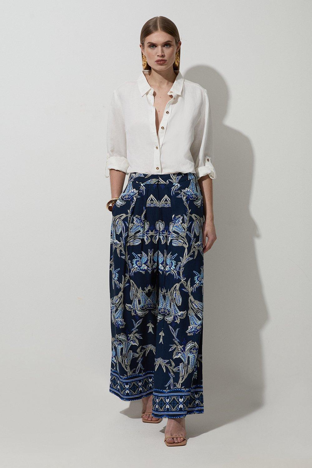 Petite Viscose Linen Mirrored Floral Woven Straight Leg Trouser - Navy