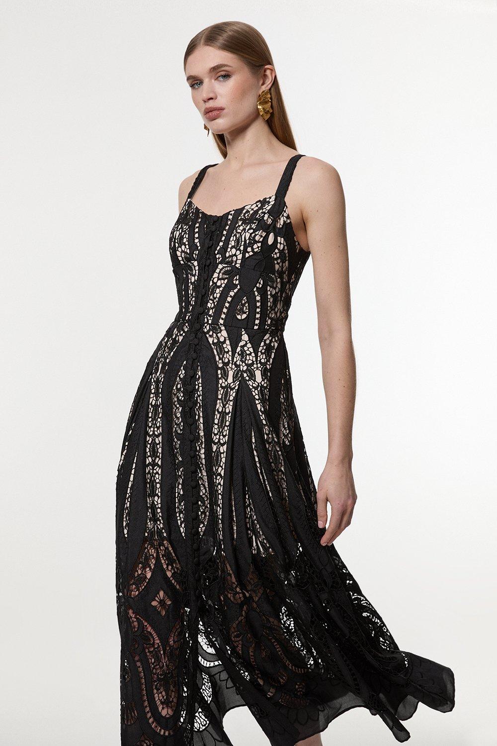 Petite Sheer Georgette Cutwork Strappy Woven Maxi Dress - Black