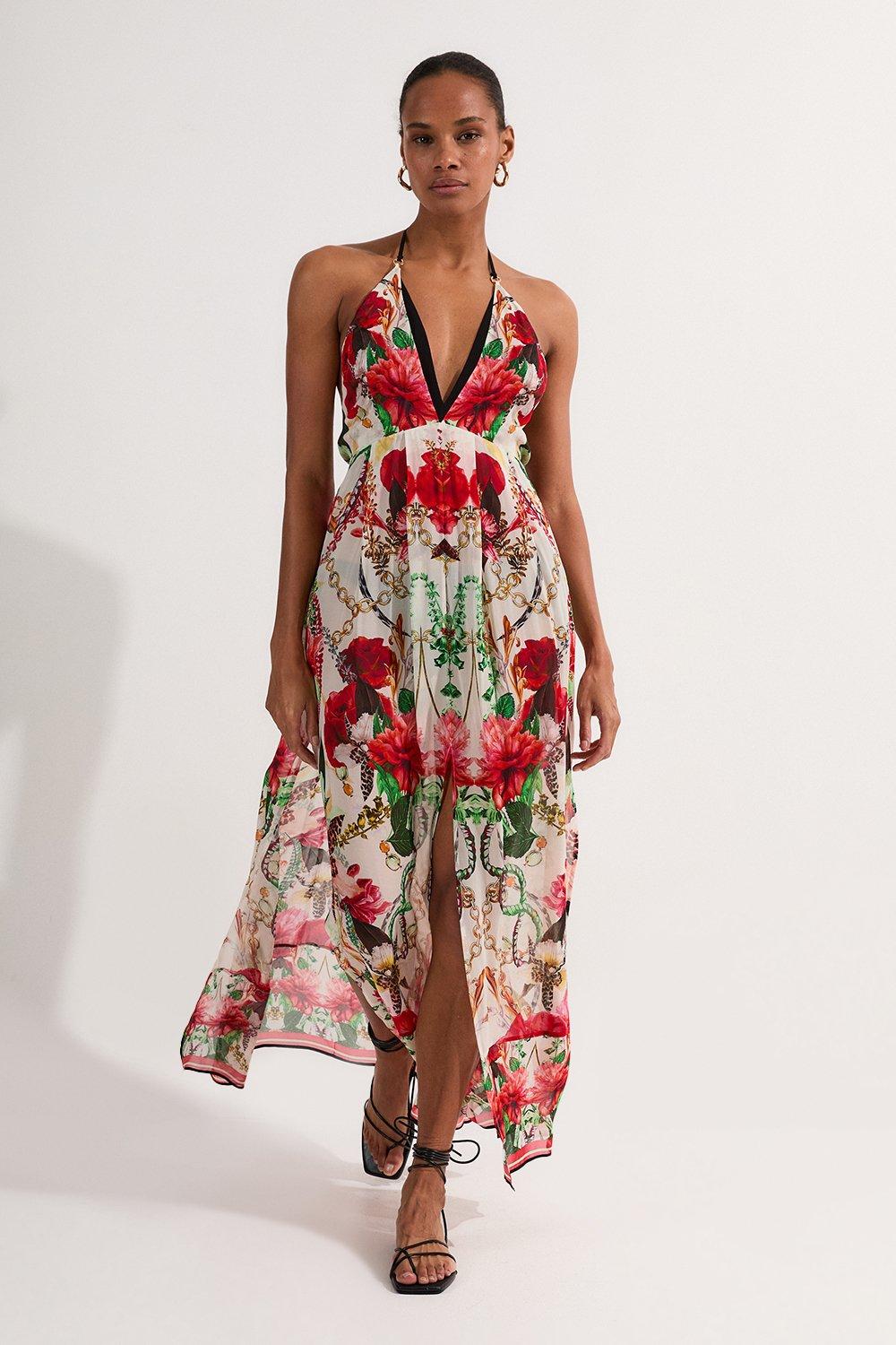 Beach Viscose Georgette Mirrored Rose Print Woven Maxi Dress