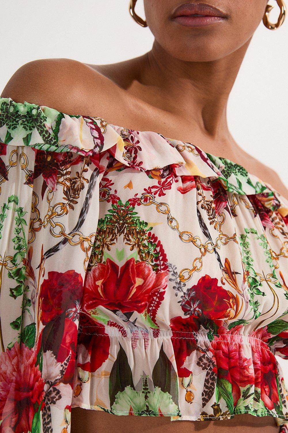 Beach Viscose Georgette Mirrored Rose Print Woven Bardot Top