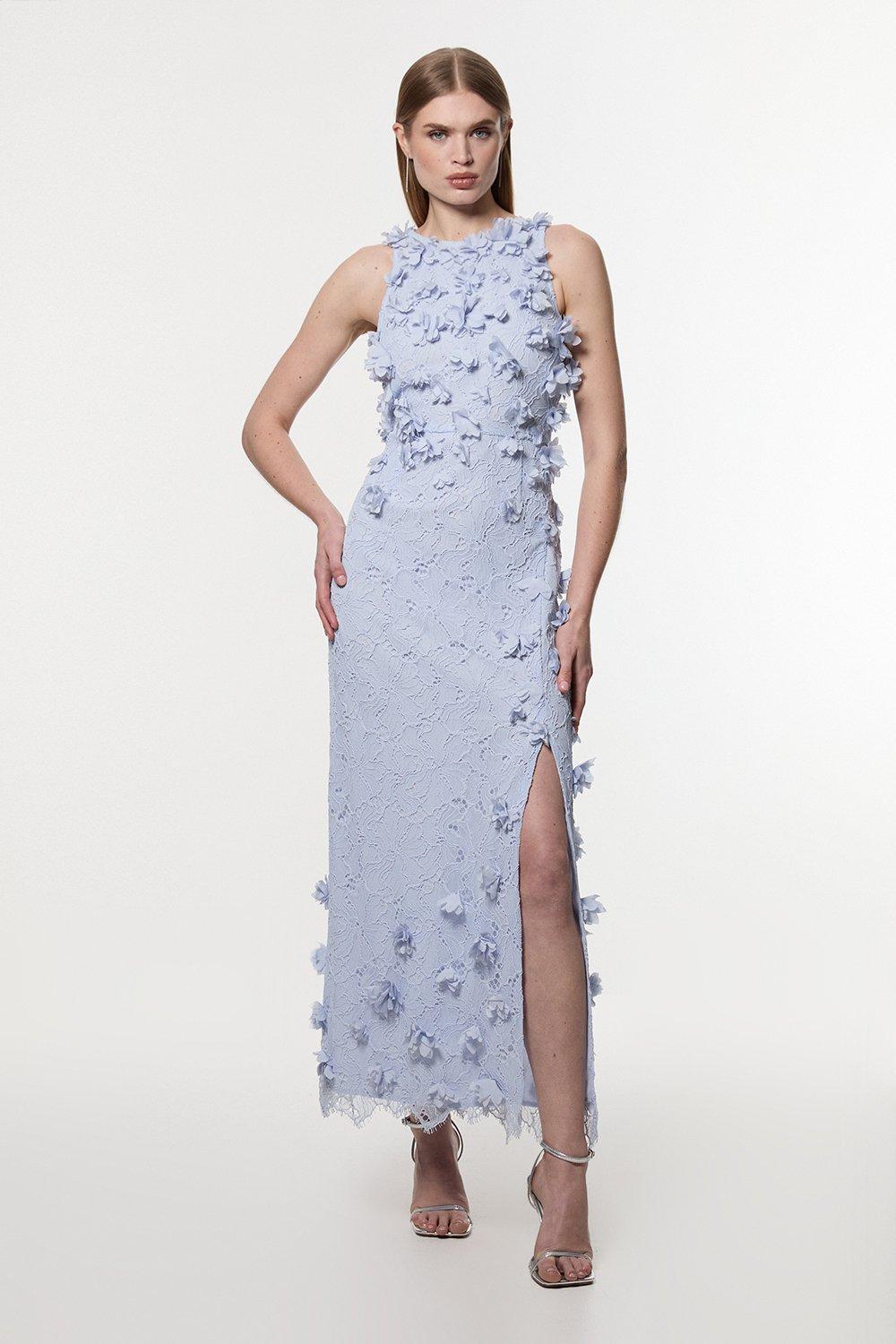 Petal Applique Lace Woven Midi Dress - Blue