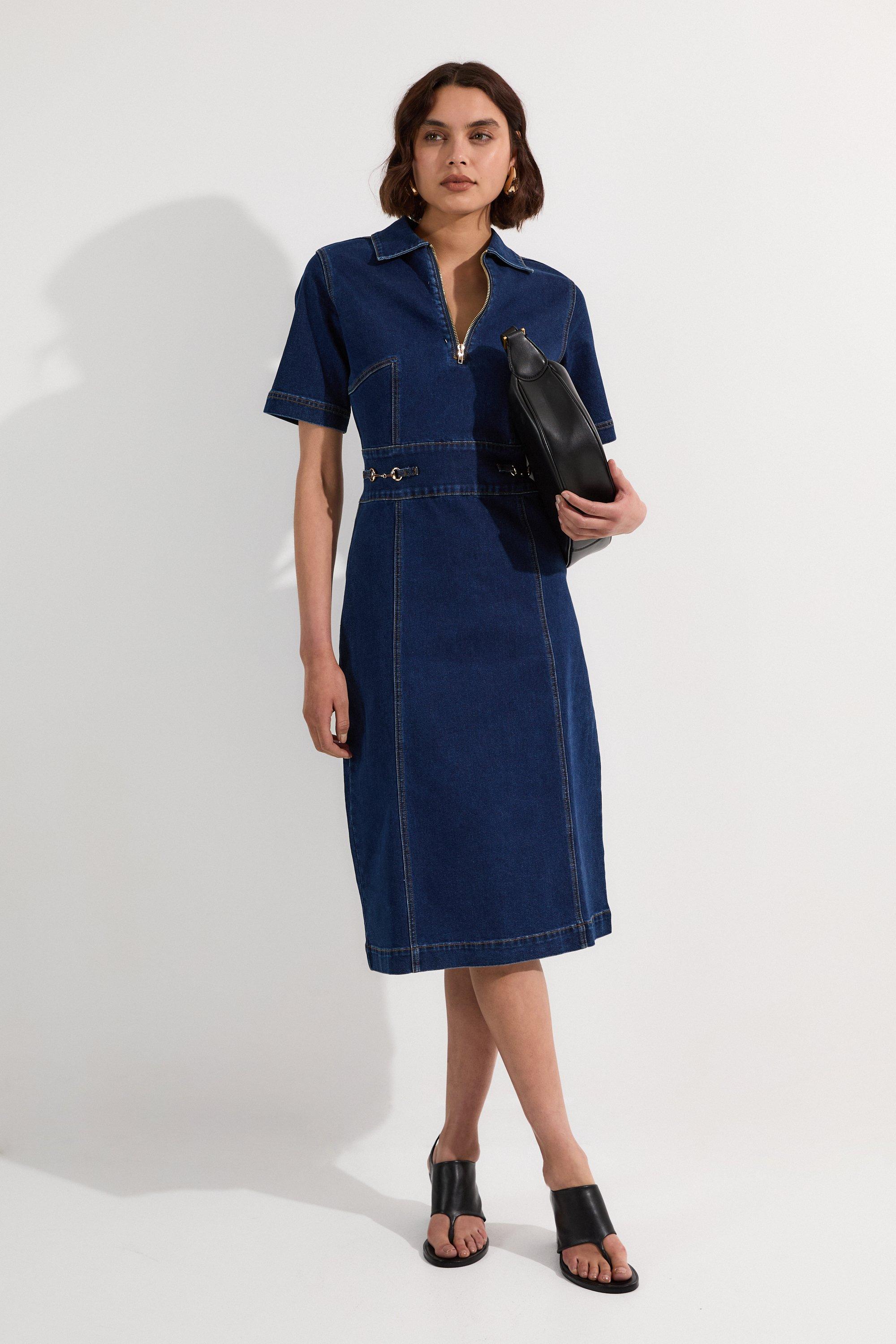 Stretch Denim Snaffle Trim Collared Midi Dress - Mid Wash